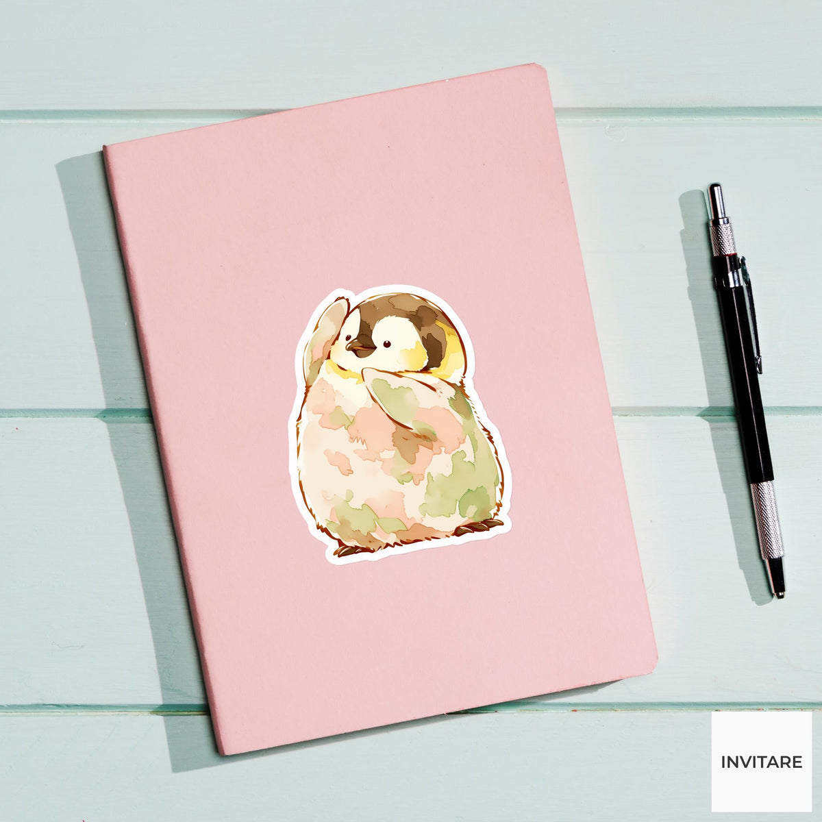 Penguin Chick Tree Pose Yoga Sticker, Watercolor Laptop Planner Water Bottle Mindfulness Gift