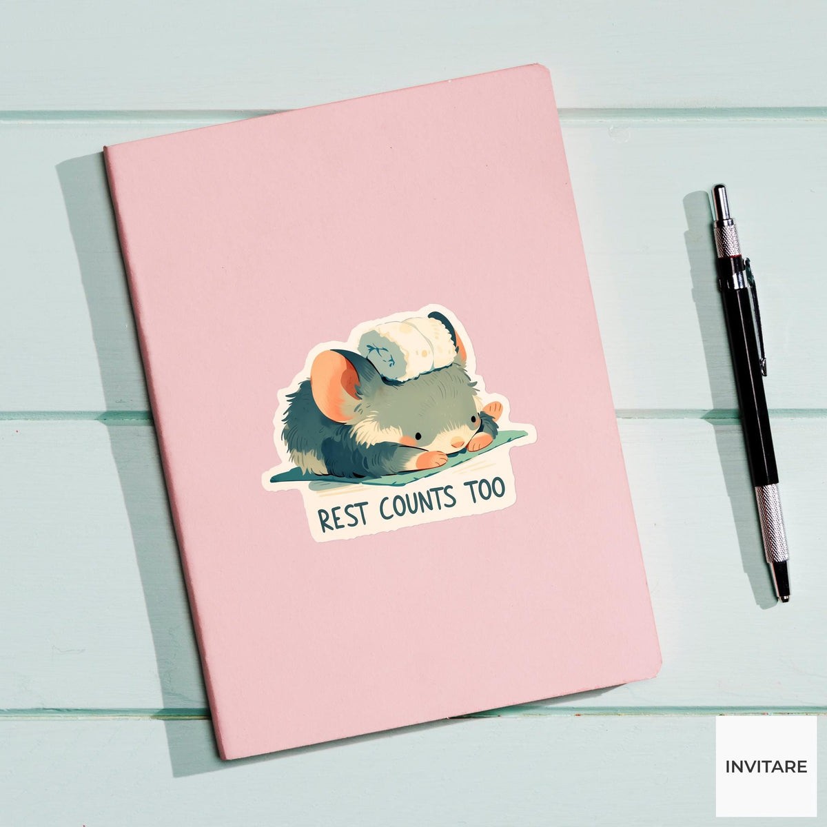 Rest Counts Too Gray Possum Yoga Sticker, Rest Day Laptop Planner Water Bottle Gift