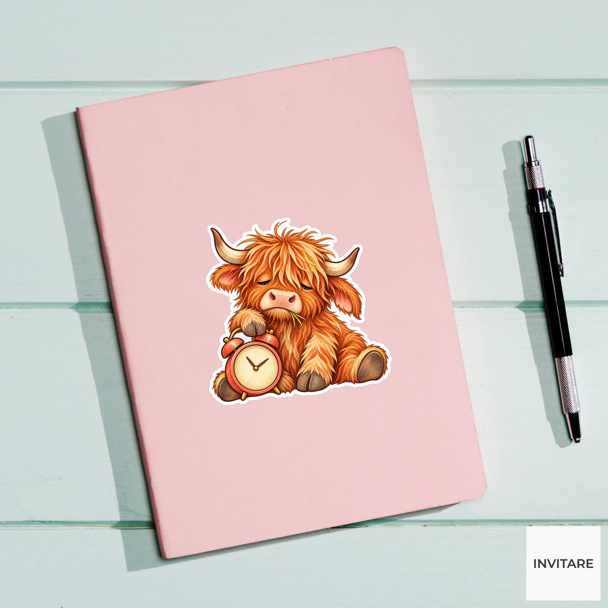 Sleepy Highland Cow Alarm Clock Sticker, Funny Watercolor Laptop Planner Water Bottle Gift