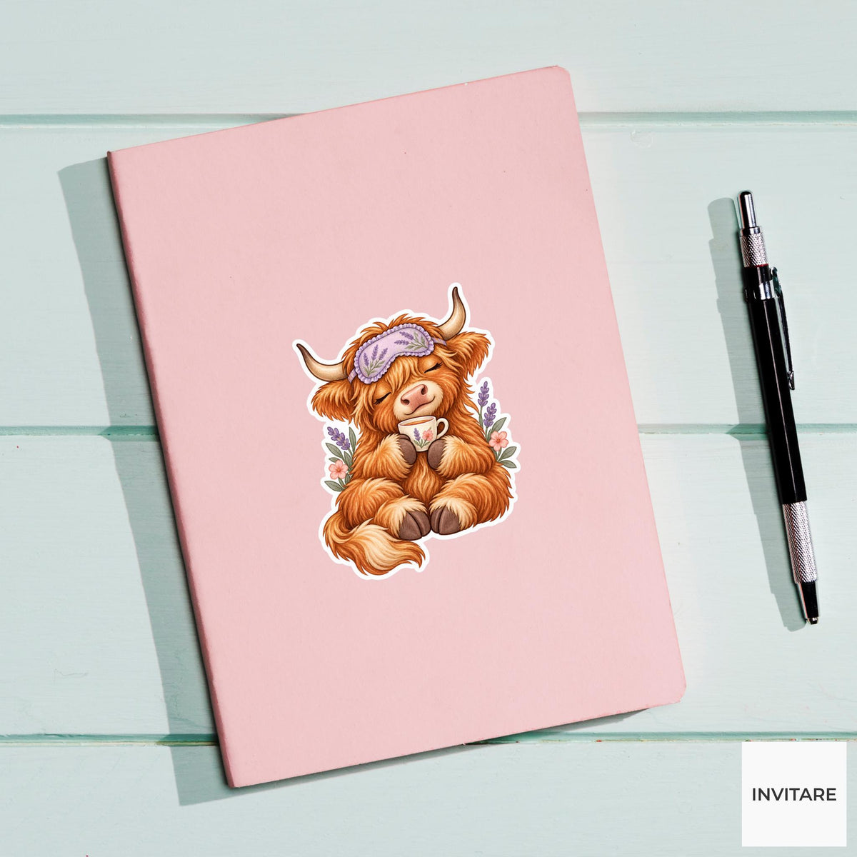 Highland Cow Self Care Sticker, Cozy Watercolor Tea Laptop Planner Water Bottle Gift