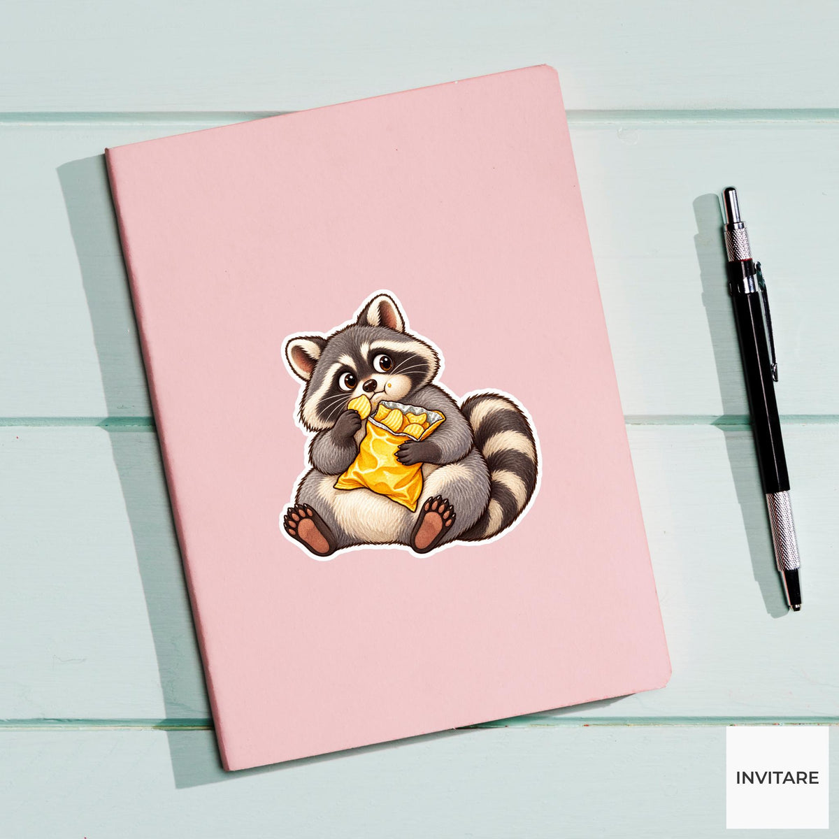Raccoon Snack Bag Sticker, Cute Watercolor Trash Panda Laptop Planner Water Bottle Gift