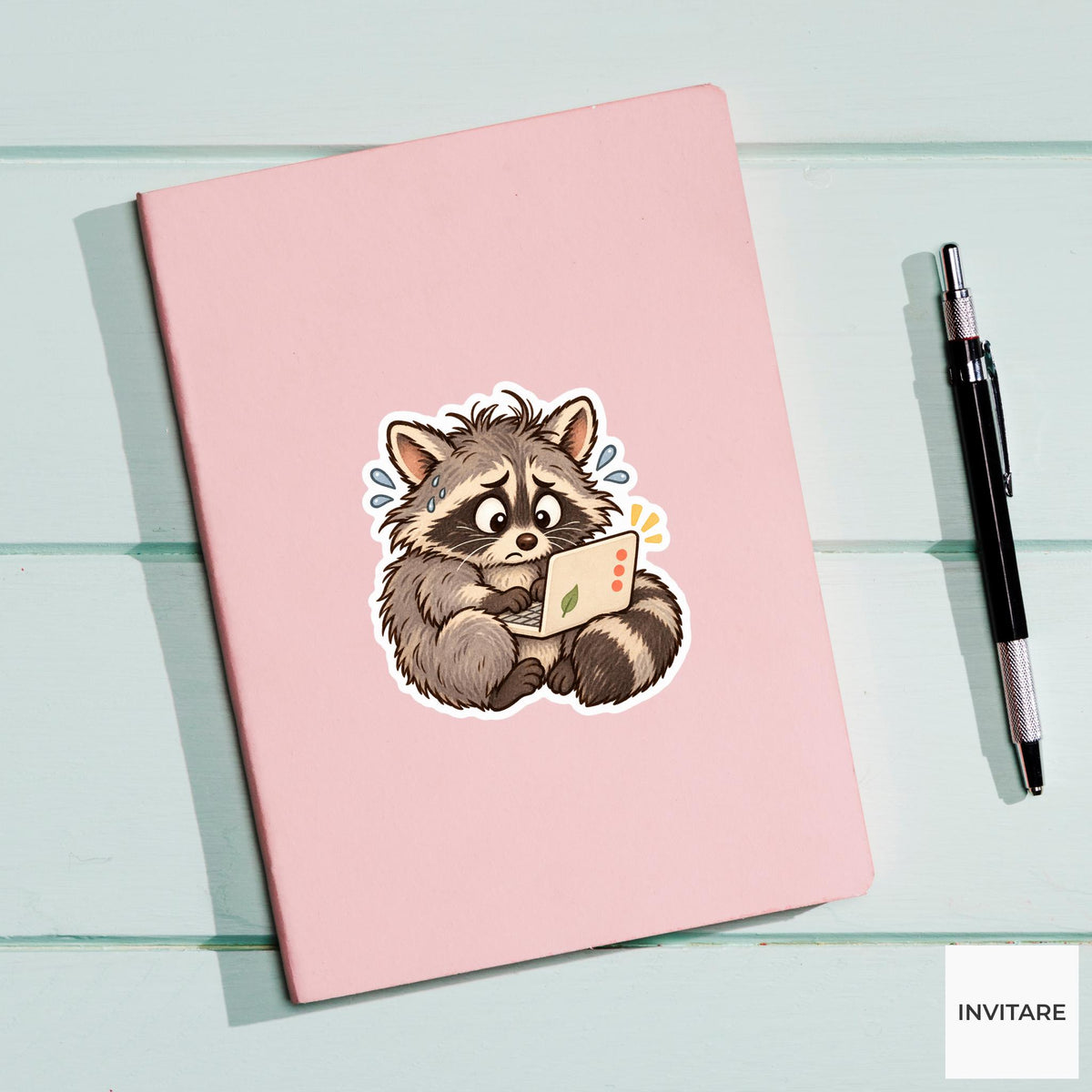 Overwhelmed Raccoon Laptop Sticker, Funny Watercolor Trash Panda Planner Water Bottle Office Gift