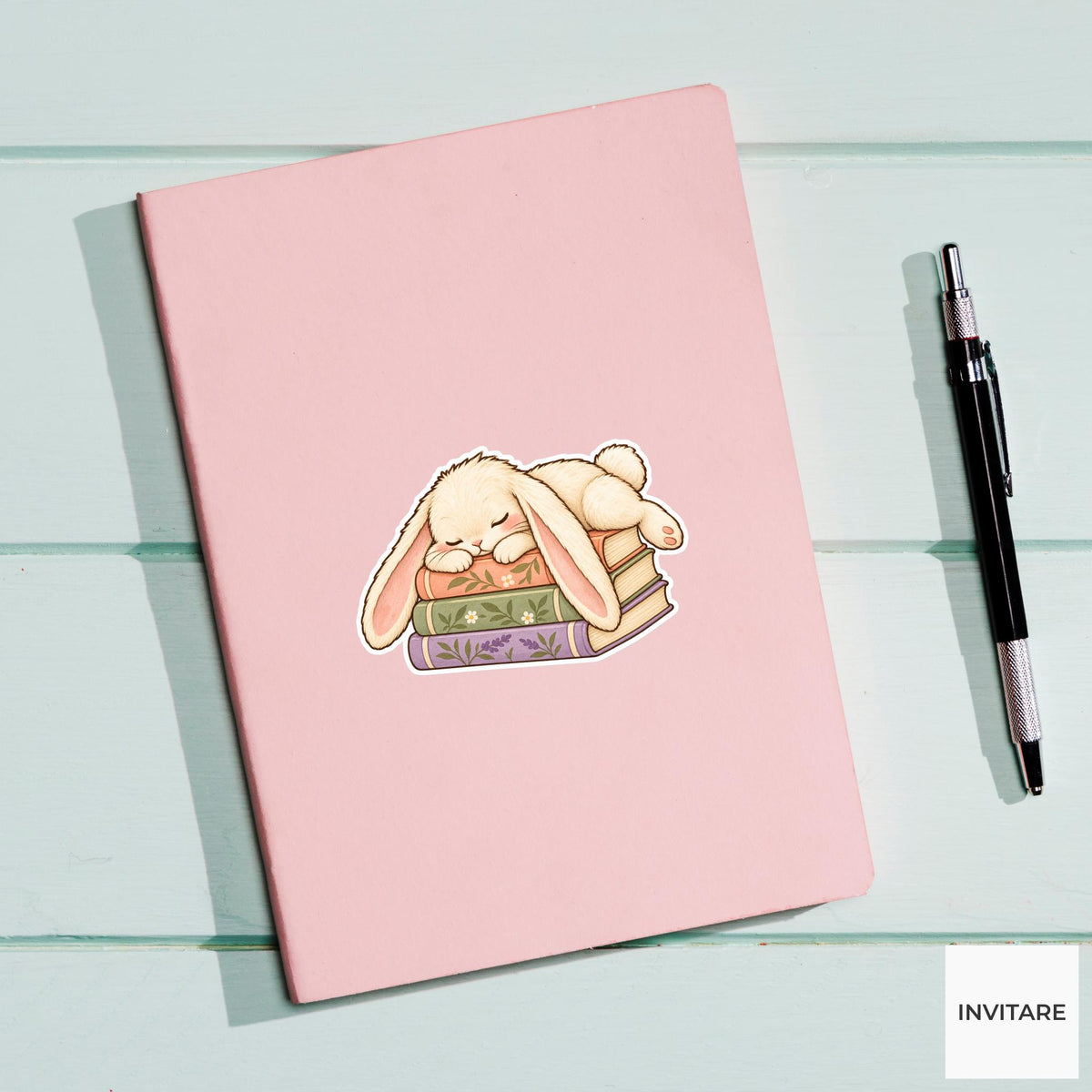 Bunny Book Stack Nap Sticker, Cute Watercolor Reader Laptop Planner Water Bottle Gift