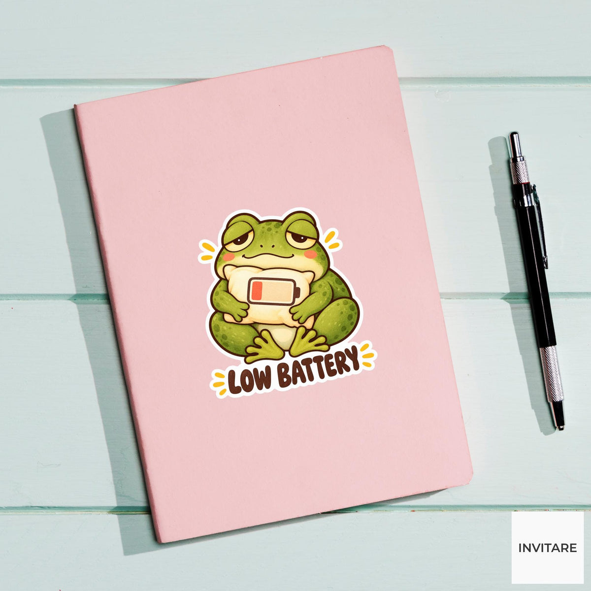 Frog Low Battery Sticker, Funny Watercolor Amphibian Laptop Planner Water Bottle Introvert Gift
