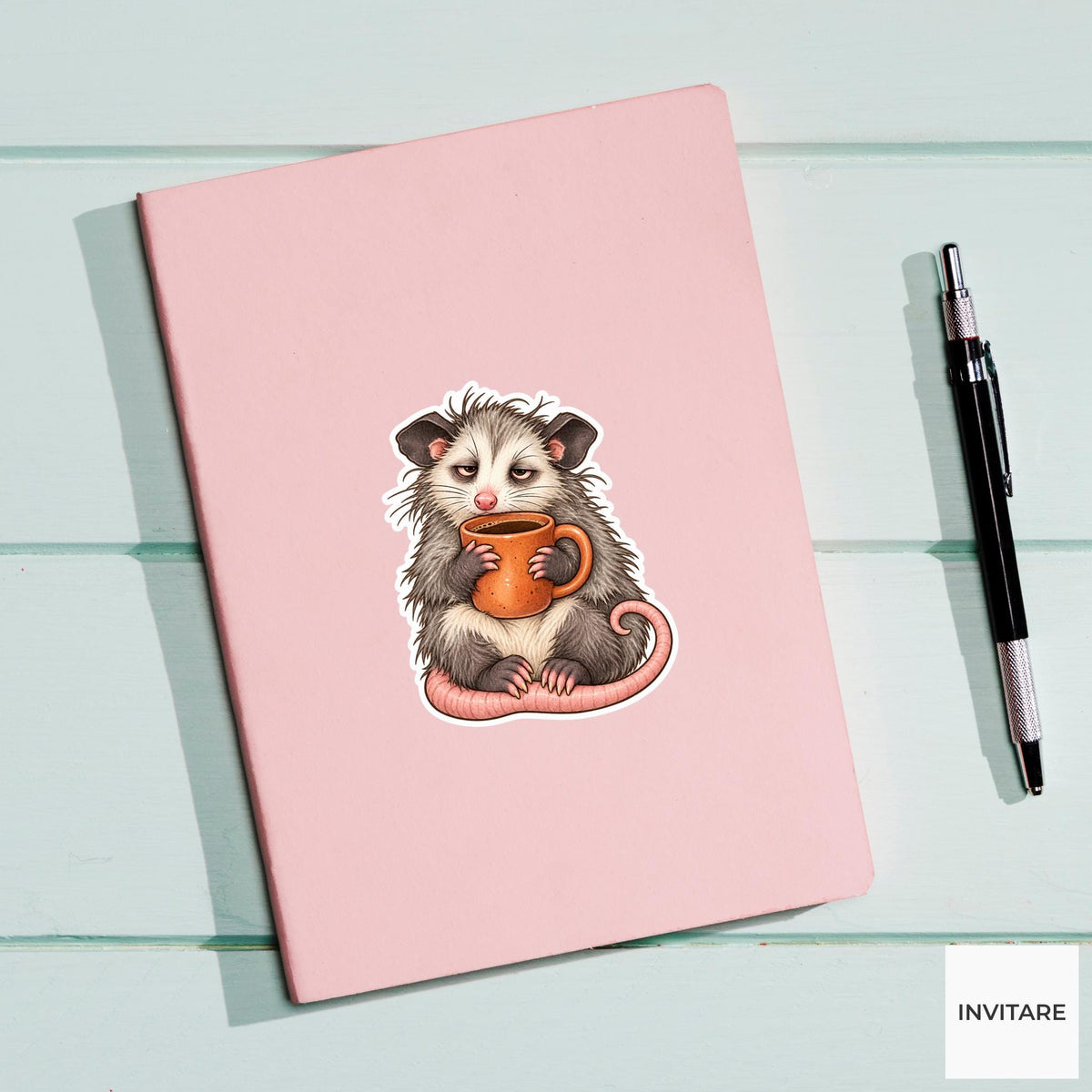 Possum Coffee Mug Sticker, Funny Watercolor Marsupial Laptop Planner Water Bottle Morning Gift
