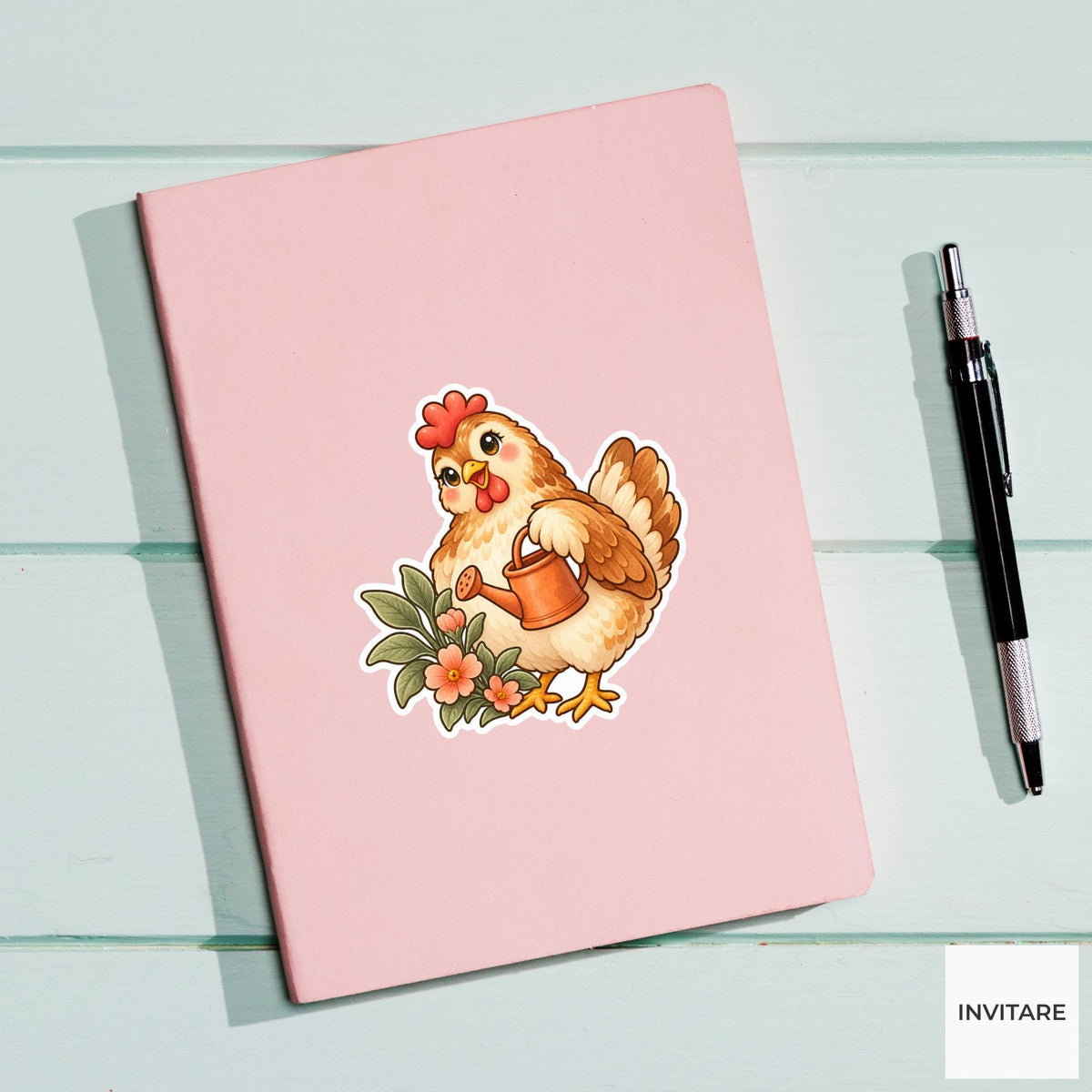 Chicken Watering Can Sticker, Cute Watercolor Hen Laptop Planner Water Bottle Garden Gift