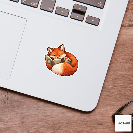Fox Book And Tea Sticker, Cute Watercolor Woodland Reader Laptop Planner Water Bottle Gift