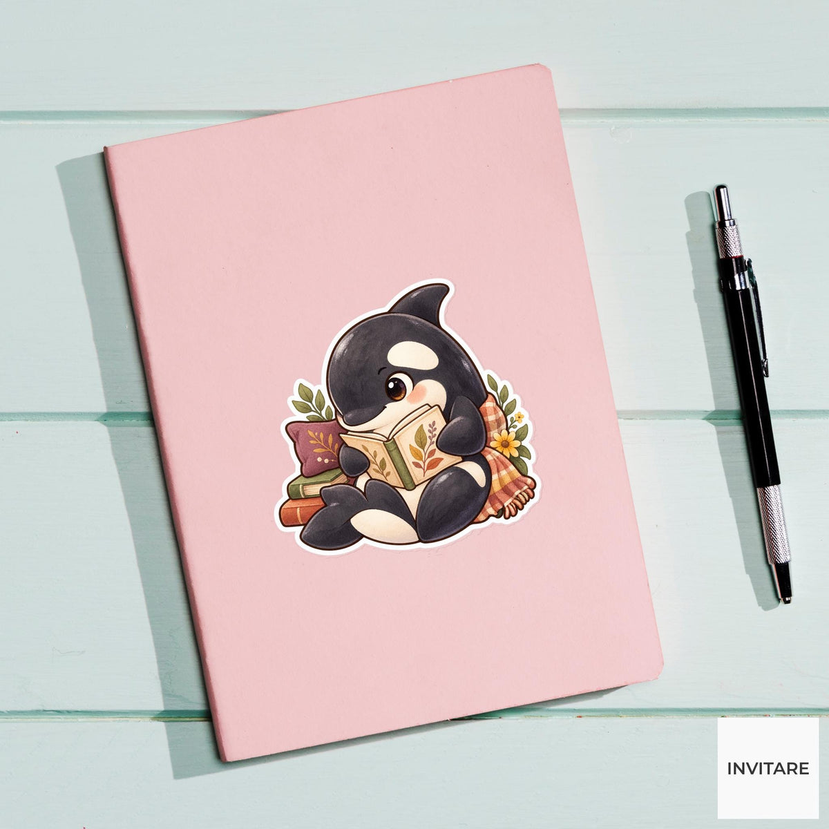 Reading Orca Sticker, Watercolor Bookish Whale with Autumn Flowers for Journals and Readers