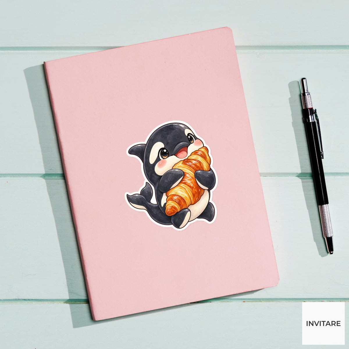 Croissant Orca Sticker, Watercolor Whale Hugging Pastry for Bakery Journals and Breakfast Lover Gifts
