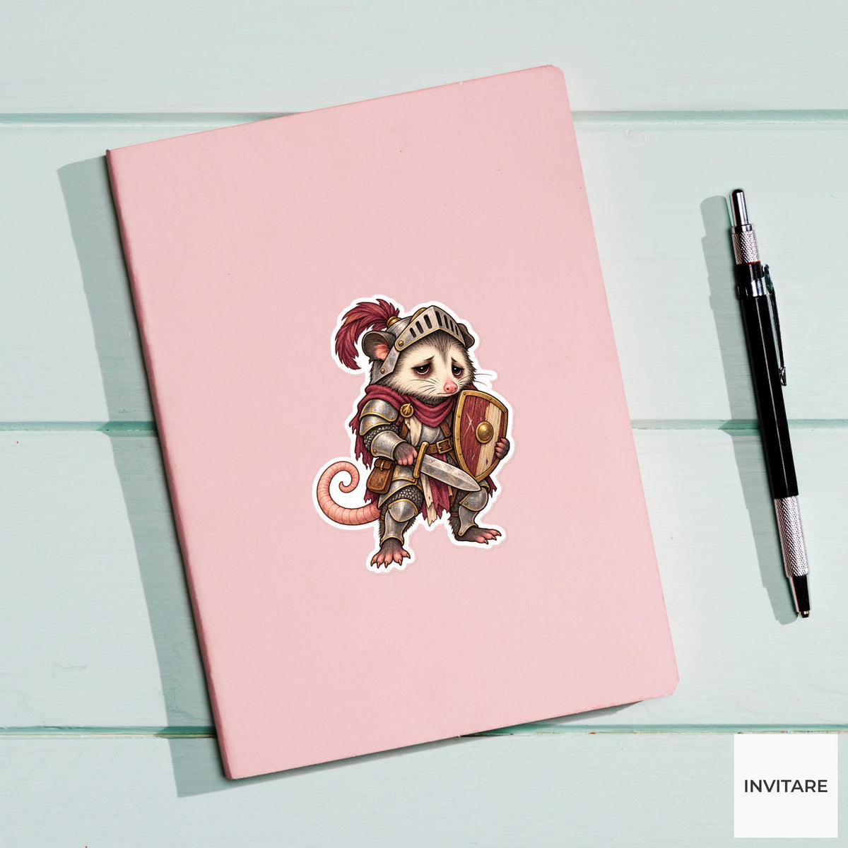 Tired Possum Knight Sticker, Watercolor Medieval Animal with Armor for Fantasy Journals and Planners