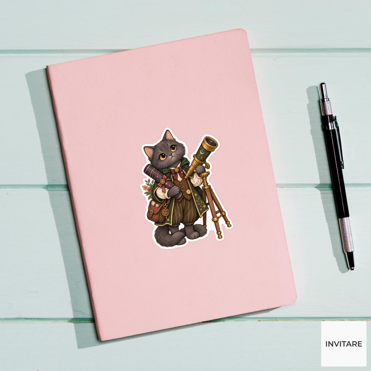 Cat Astronomer Sticker, Watercolor Dark Academia Animal with Telescope for Celestial Journals and Gifts