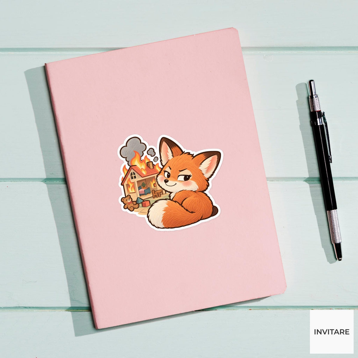 Mischievous Fox Vinyl Sticker, Funny Smirking Cub with Burning Toy House