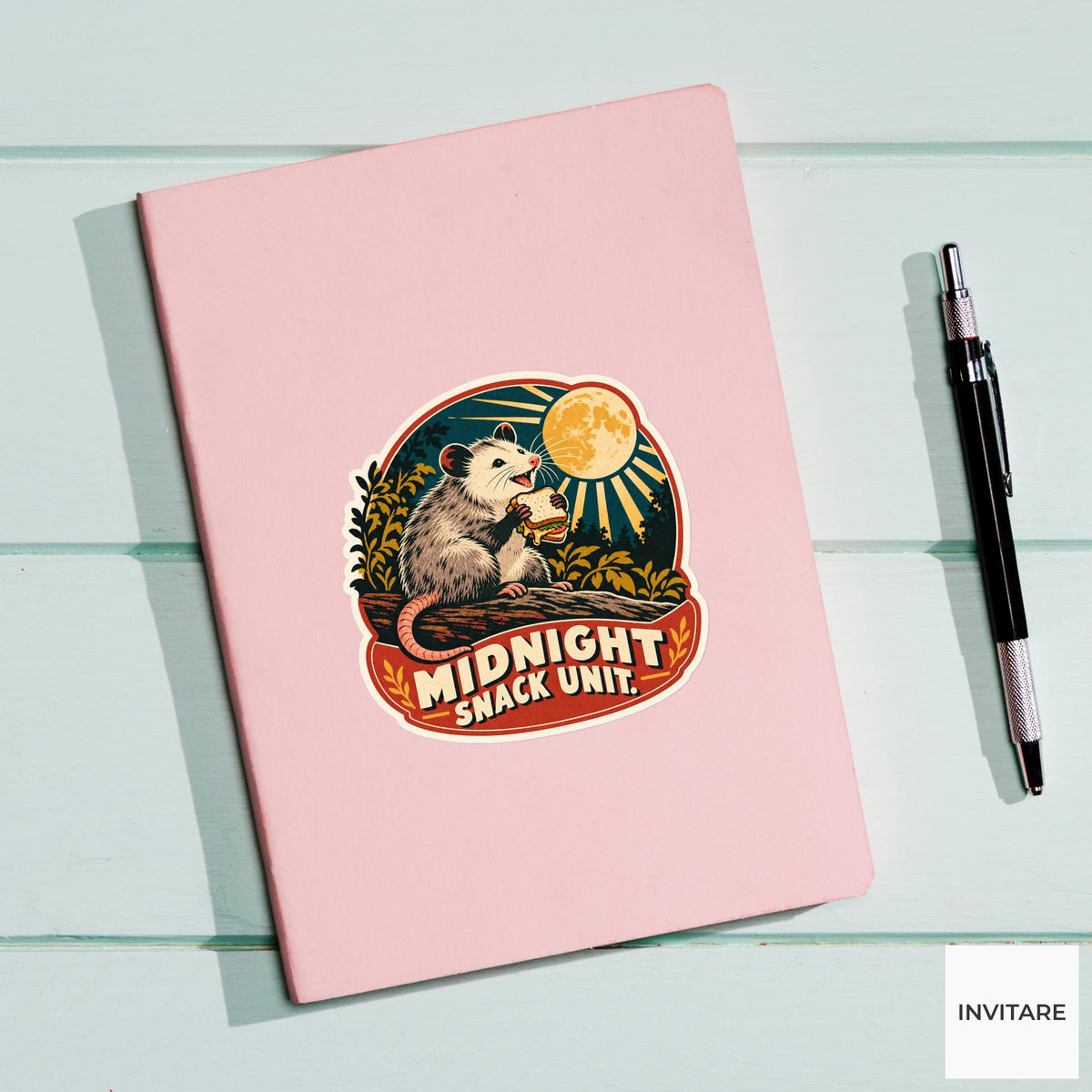 Moonlight Sandwich Opossum Vinyl Sticker, Funny Retro Poster for Journals and Laptops