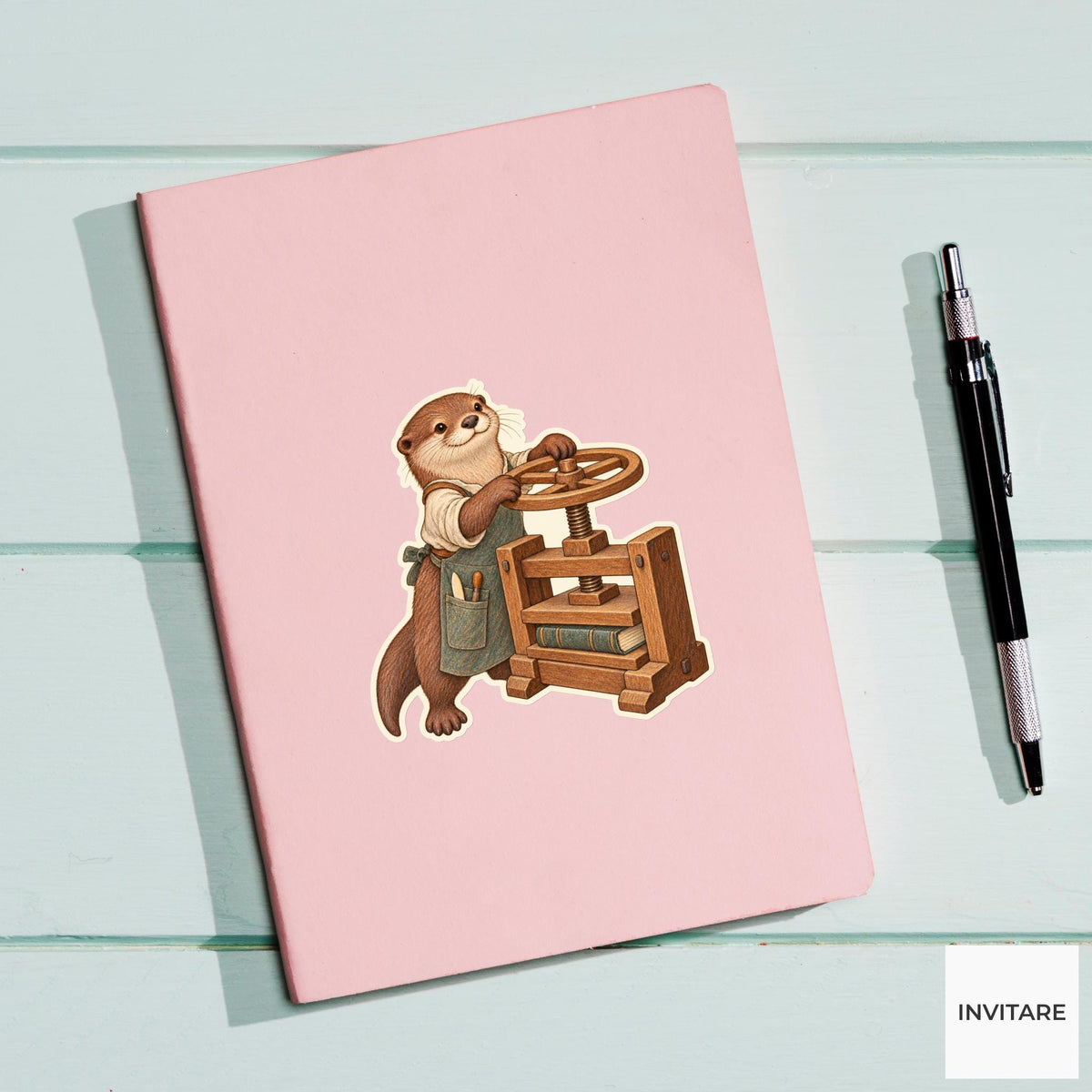 Otter Wooden Book Press Vinyl Sticker, Bookish Animal Art for Journals and Laptops