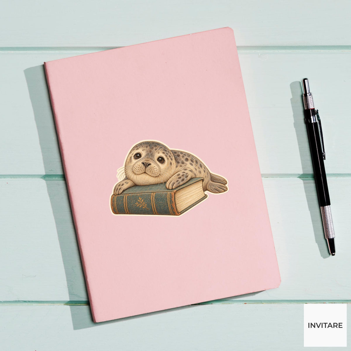 Seal Sleeping Book Pillow Vinyl Sticker, Bookish Animal Art for Journals and Laptops