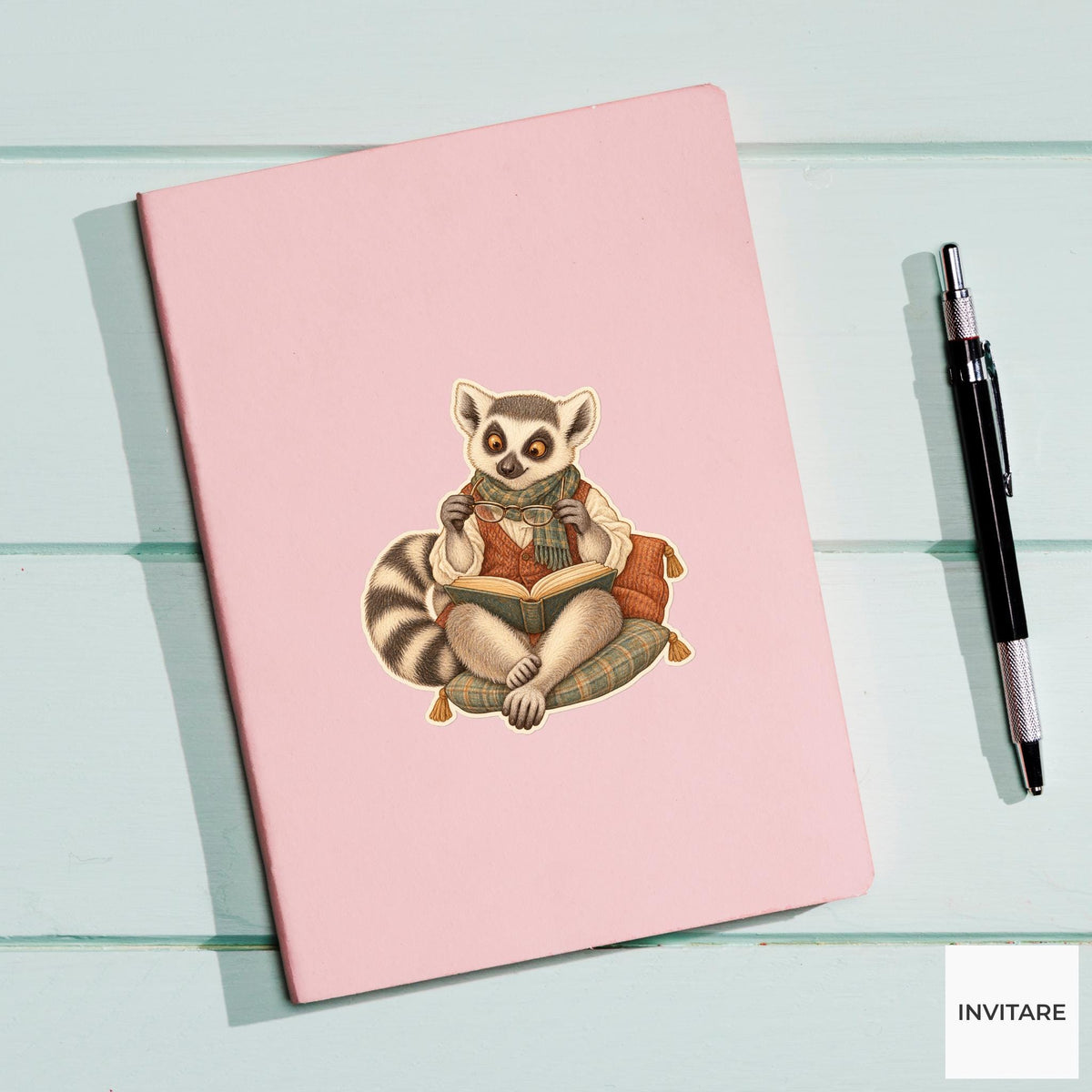 Lemur Round Reading Glasses Vinyl Sticker, Bookish Animal Art for Journals and Laptops