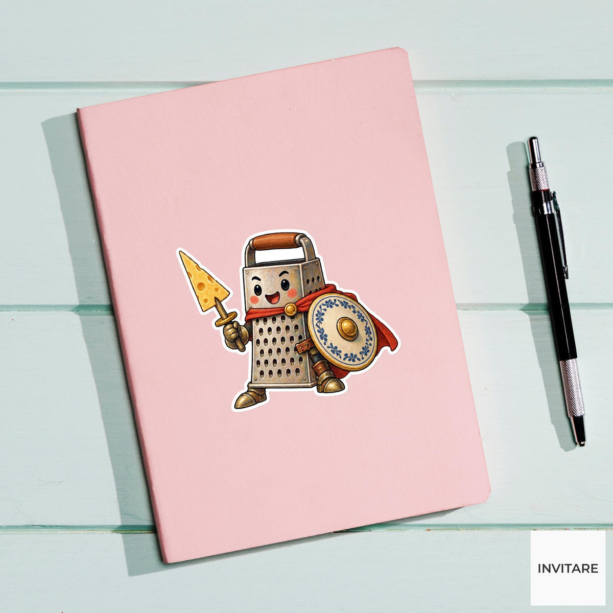 Grater Knight With Cheese Lance Vinyl Sticker, Whimsical Kitchen Adventure Decal