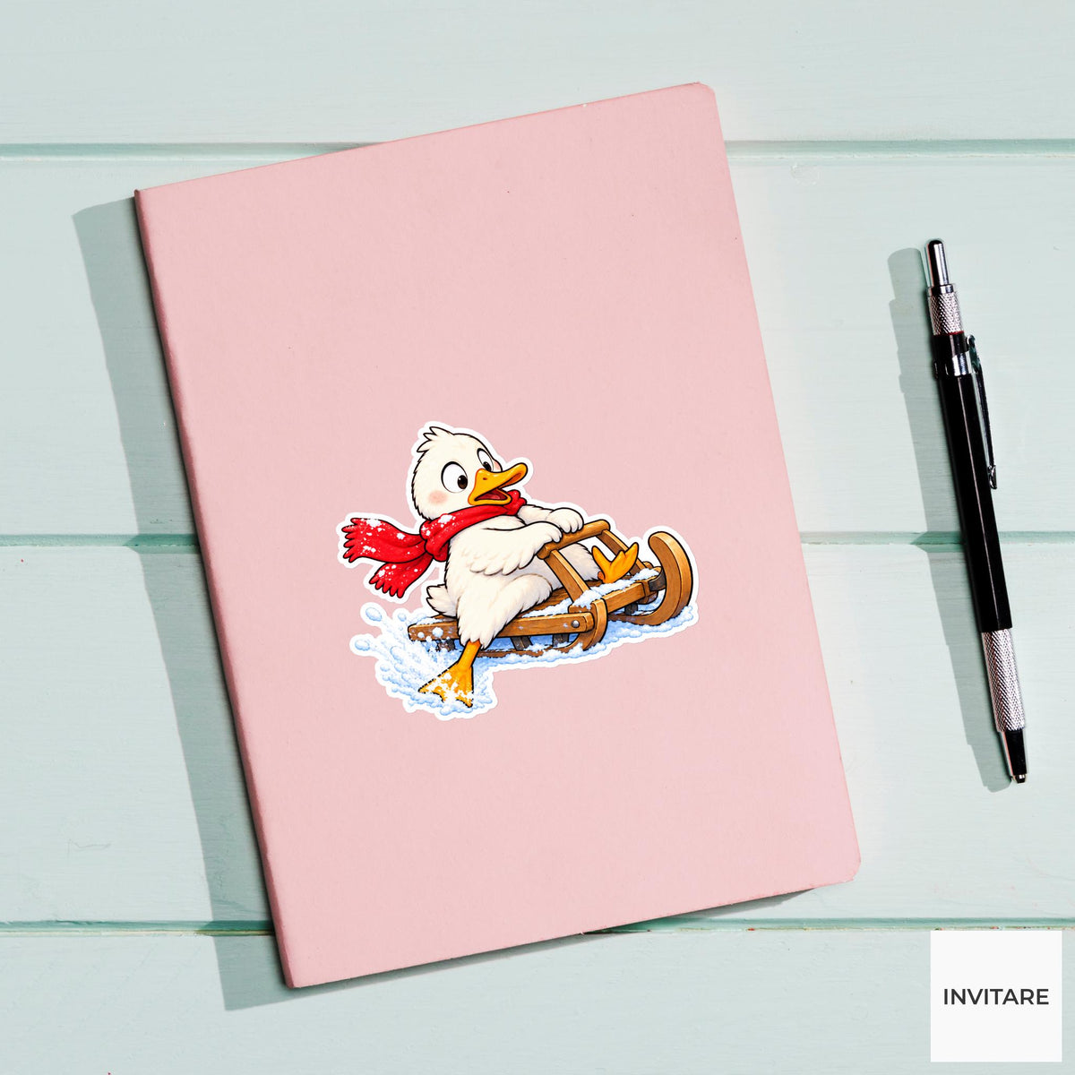Duck Braking Sled With One Foot Vinyl Sticker, Cute Winter Sled Lesson Decal