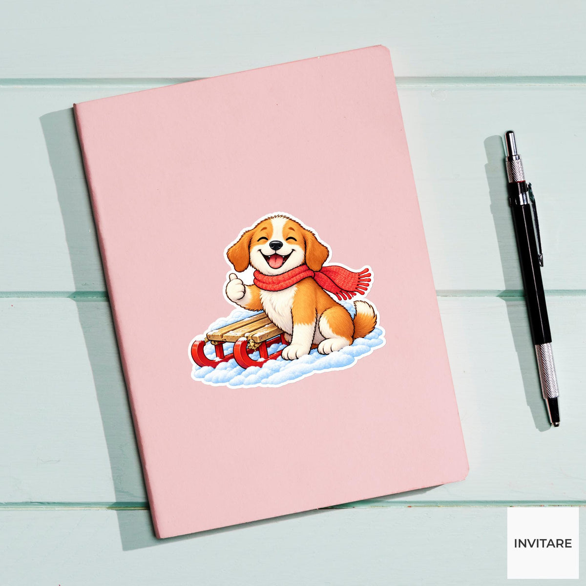 Dog Giving Thumbs Up By Sled Vinyl Sticker, Cute Winter Sled Lesson Decal