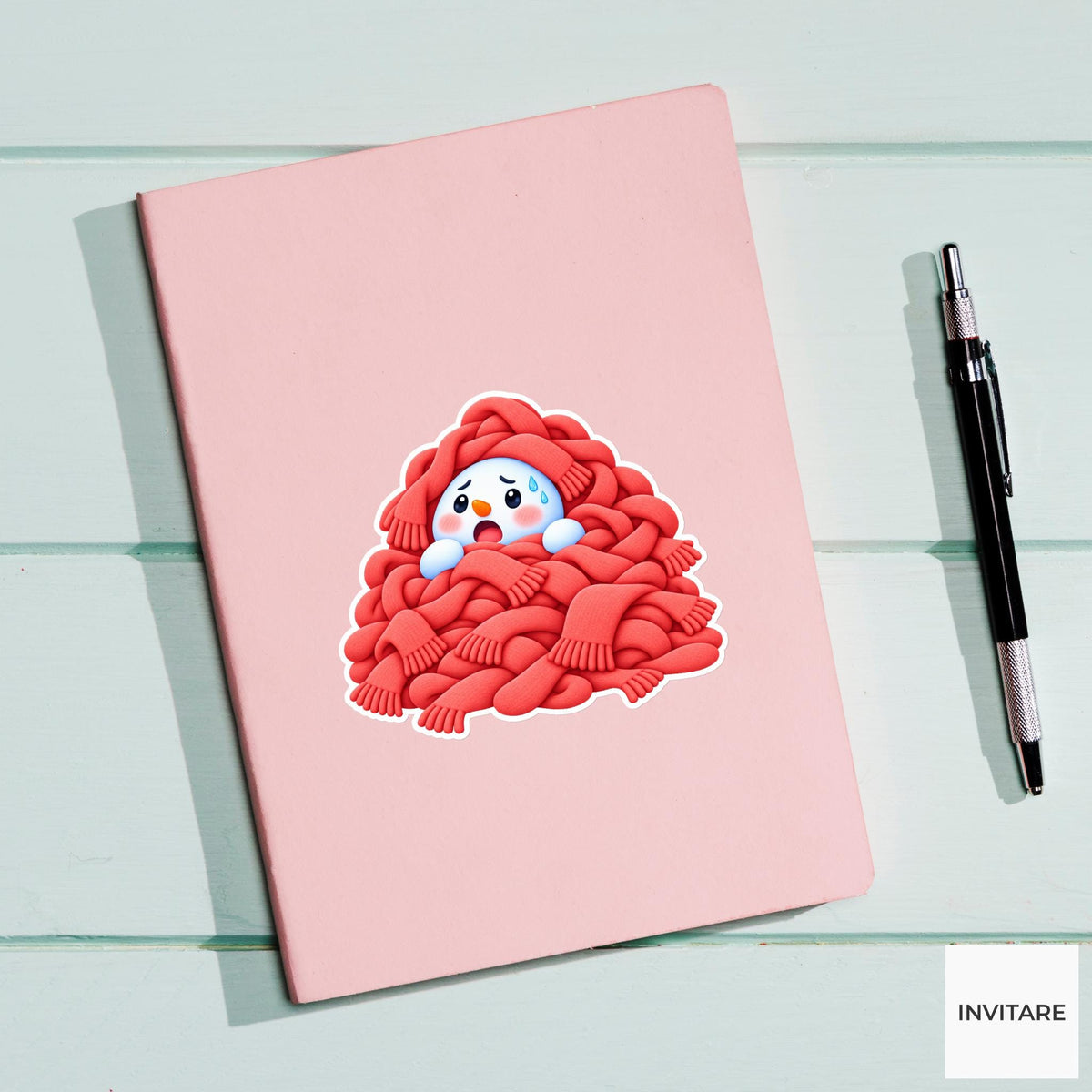 Snowman Peeking From Scarf Pile Vinyl Sticker, Cute Icy Winter Cartoon Decal