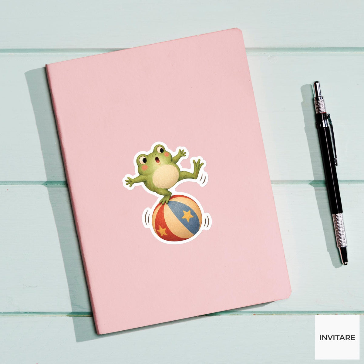 Frog stretching one leg from a tilted circus ball Vinyl Sticker