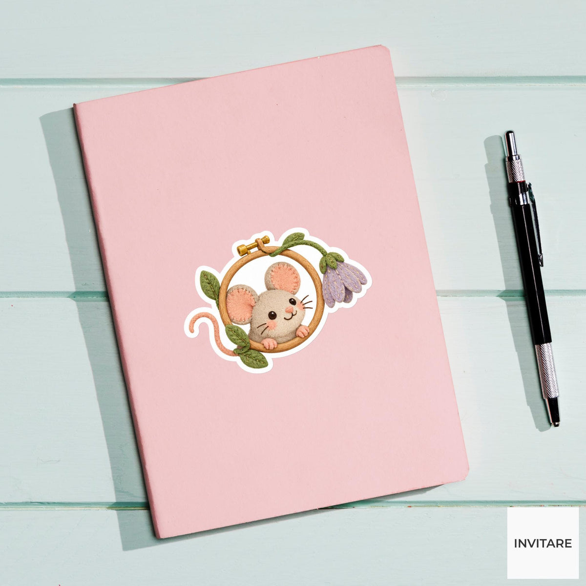 Mouse peeking through a hoop with a bent stitched stem Vinyl Sticker