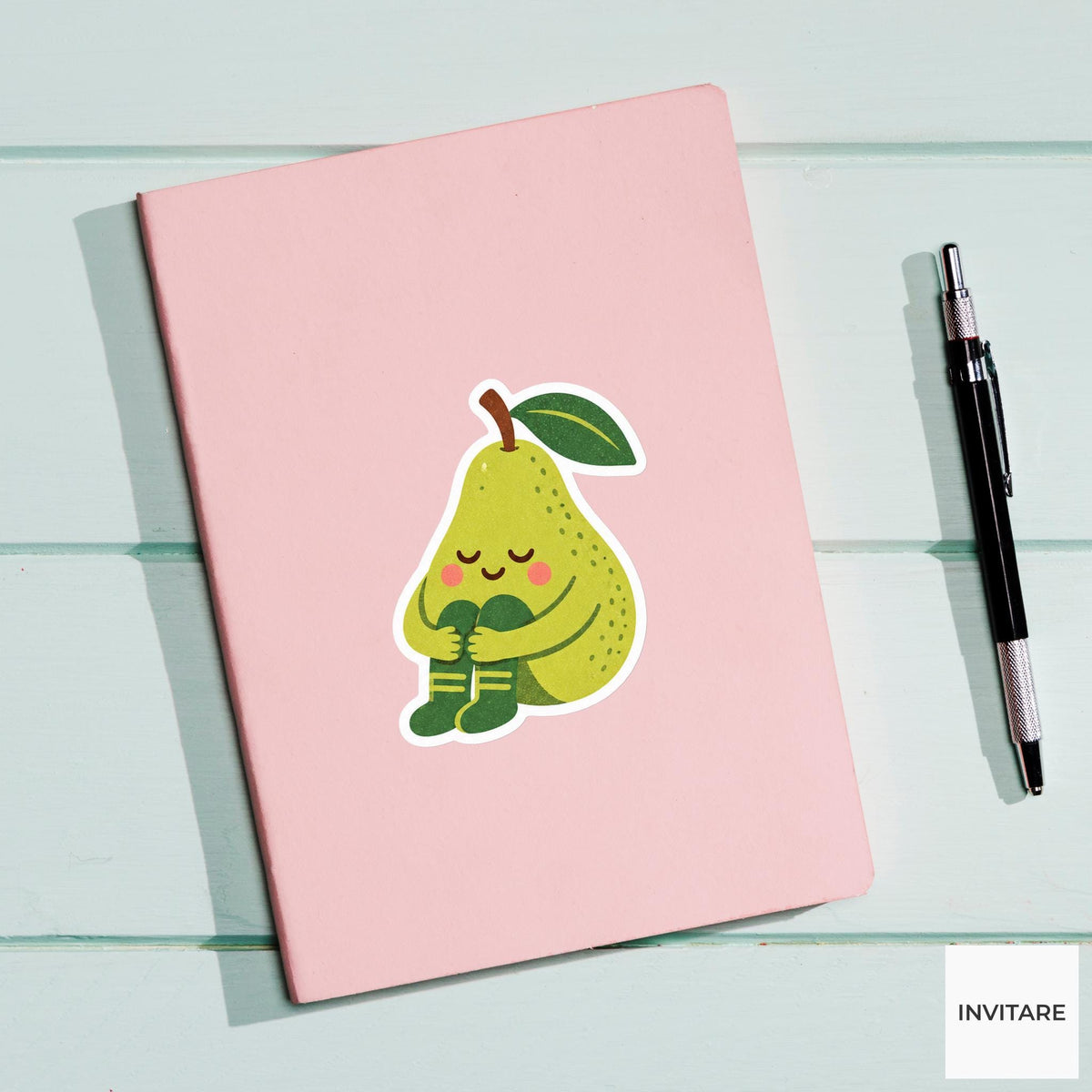 pear sitting and hugging its knees Vinyl Sticker