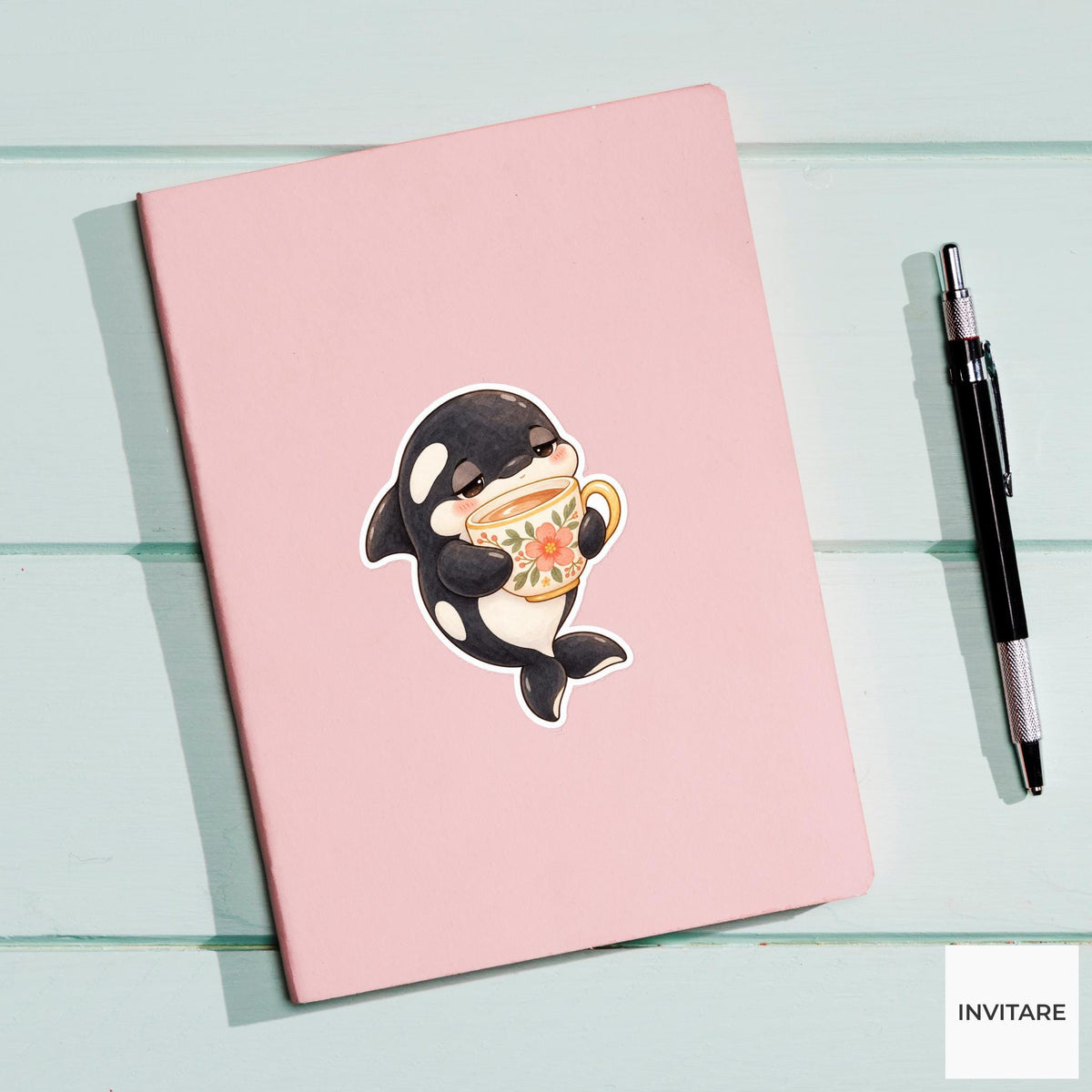 Sleepy Orca Teacup Sticker, Watercolor Whale Art for Cozy Journals and Tea Lovers