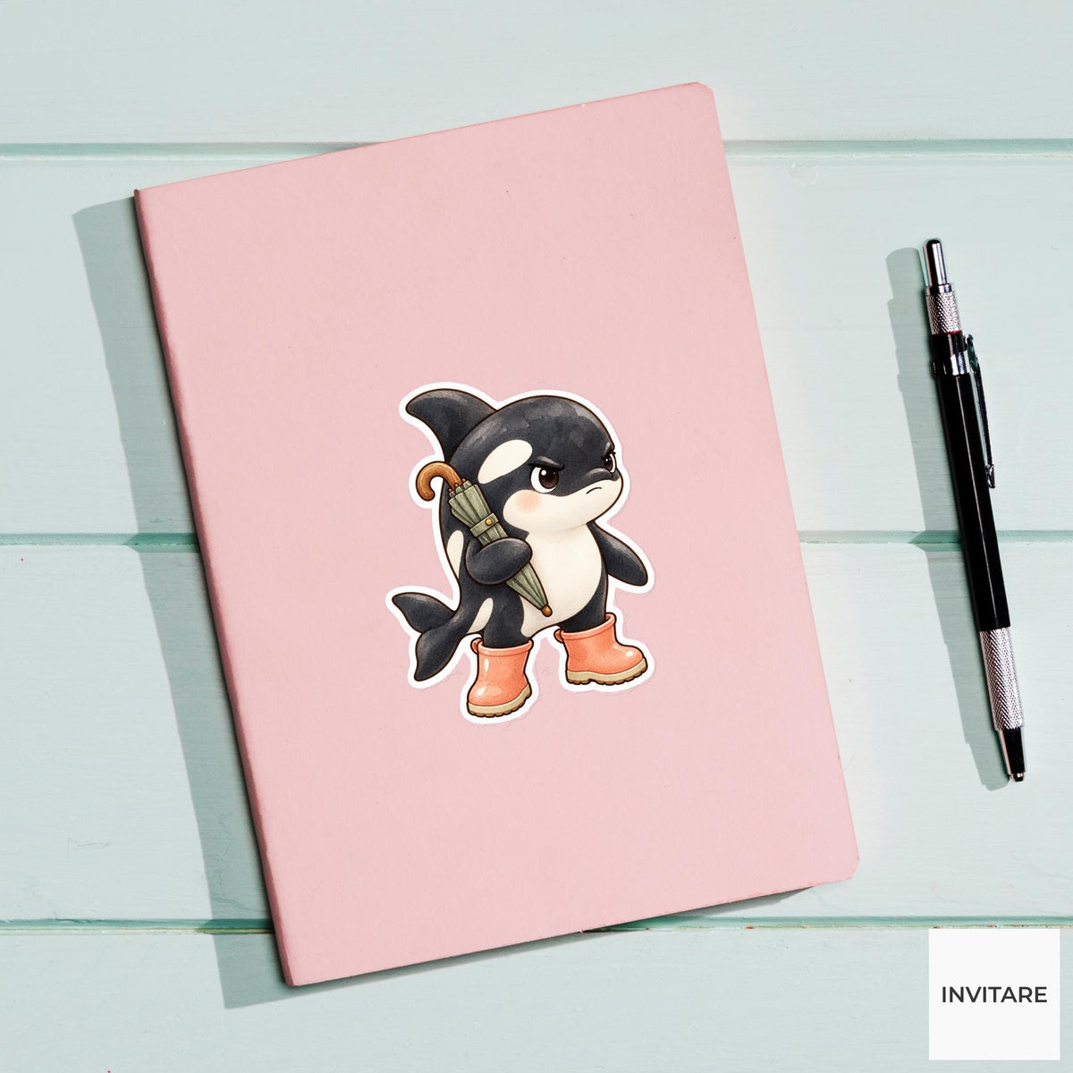 Rain Boots Orca Sticker, Grumpy Watercolor Whale with Umbrella for Funny Journals and Planners