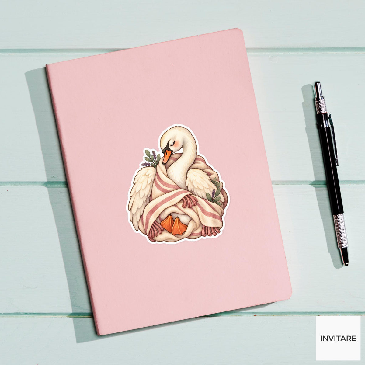 Blanket Swan Sticker, Sleepy Watercolor Bird for Cozy Journals and Gentle Animal Lover Gifts