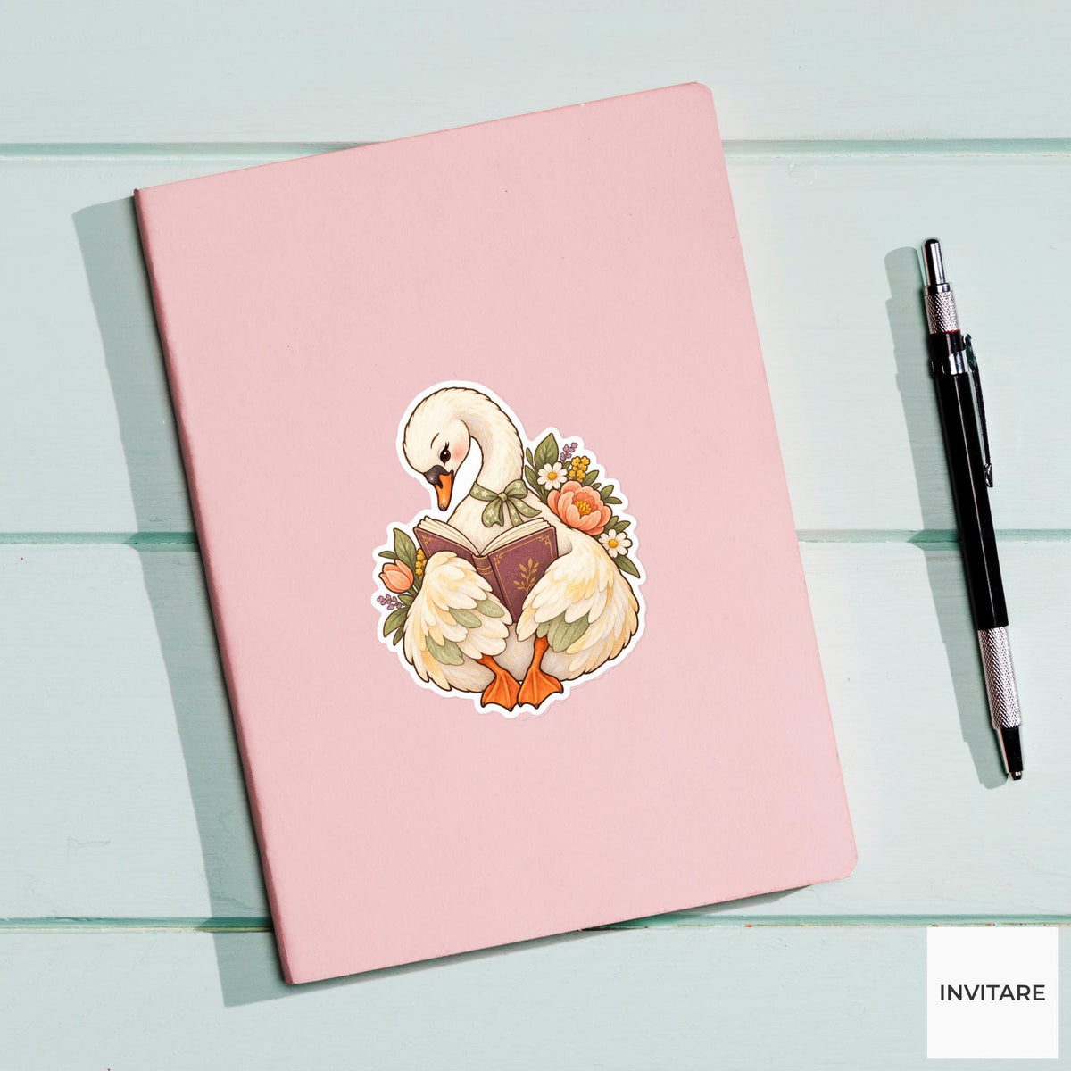 Reading Swan Sticker, Watercolor Bookish Bird with Flowers for Literary Journals and Reader Gifts