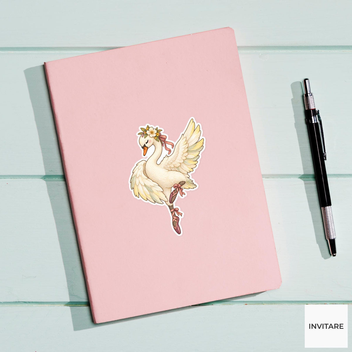 Ballet Swan Sticker, Watercolor Dancing Bird with Ribbon Slippers for Journals and Dancer Gifts