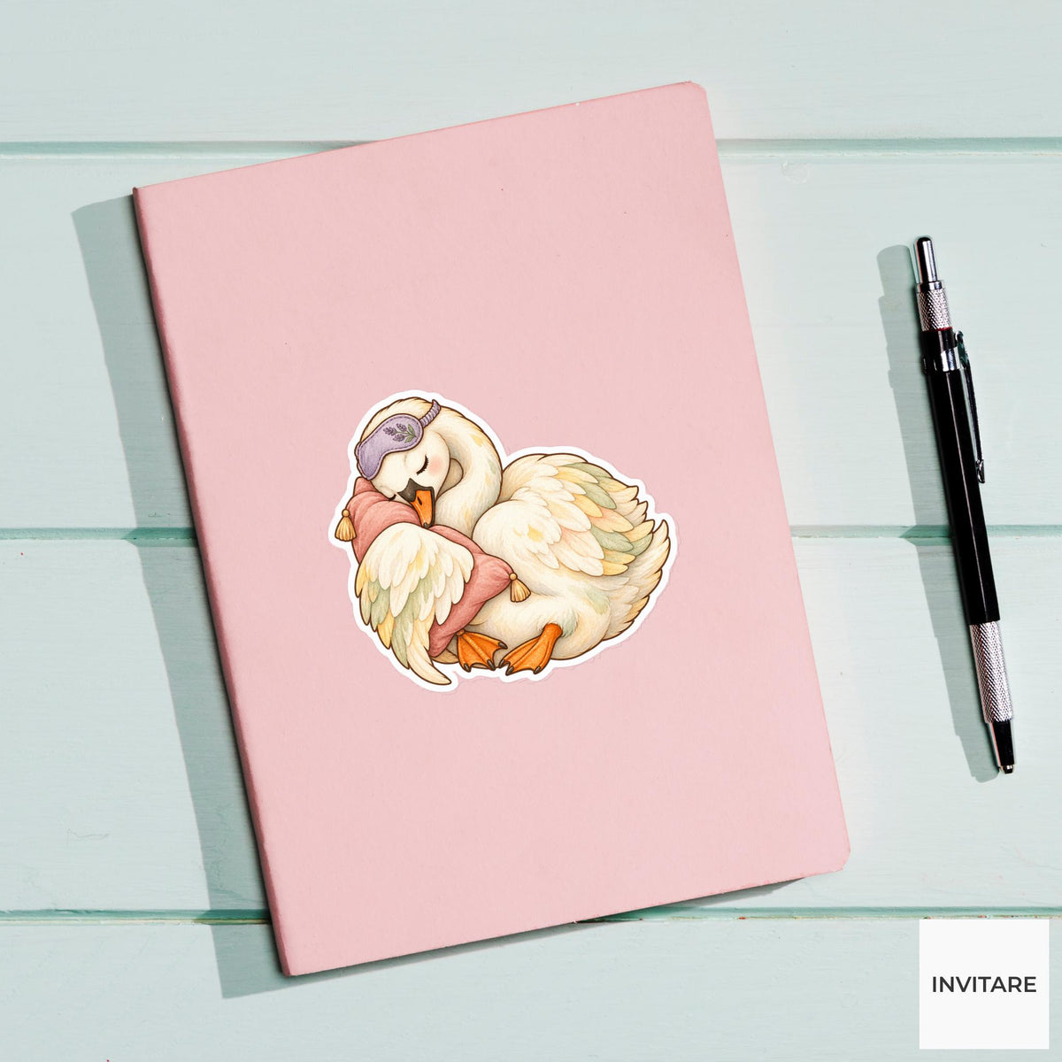 Sleepy Swan Pillow Sticker, Watercolor Bird with Lavender Mask for Cozy Journals and Planners