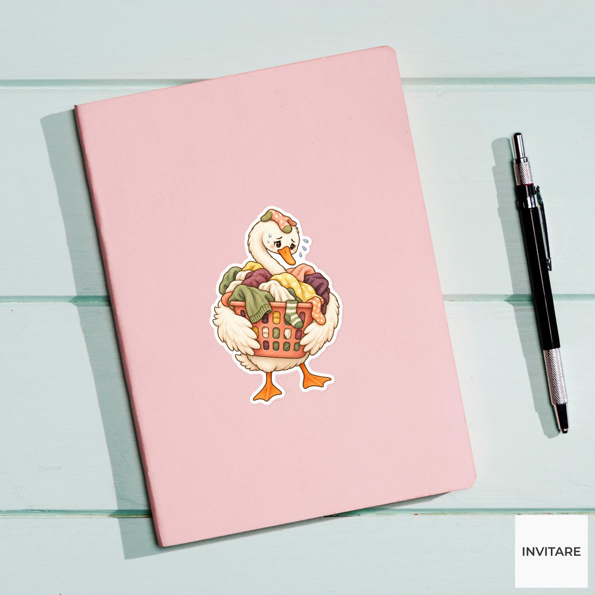 Laundry Swan Sticker, Overwhelmed Watercolor Bird with Basket for Funny Chore Journals and Planners