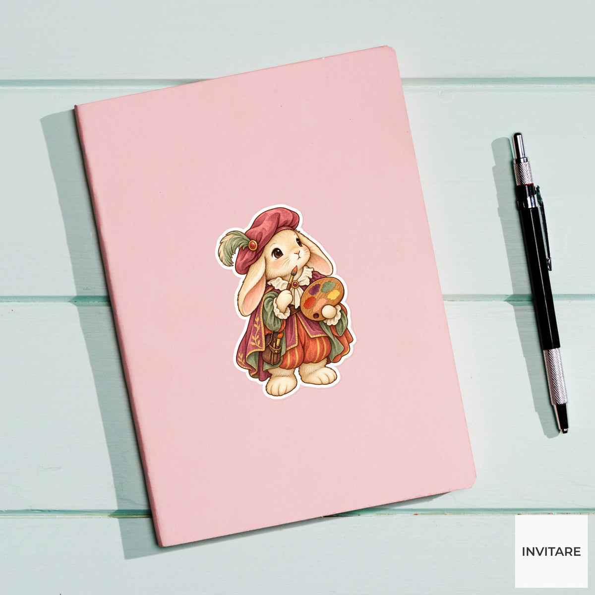 Bunny Court Painter Sticker, Watercolor Medieval Artist for Creative Journals and Rabbit Lover Gifts