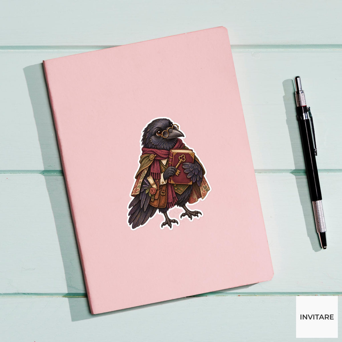 Raven Archivist Sticker, Watercolor Dark Academia Bird for Bookish Journals and Antique Library Lovers