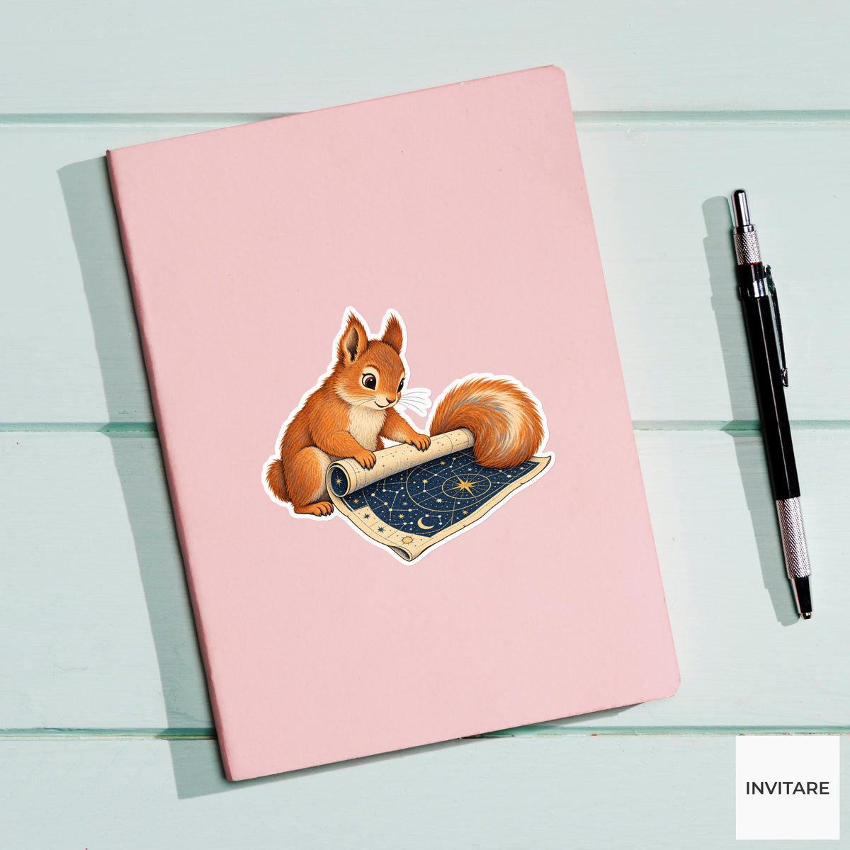 Squirrel rolling a star chart into a tube with its bushy tail as a paperweight Vinyl Sticker