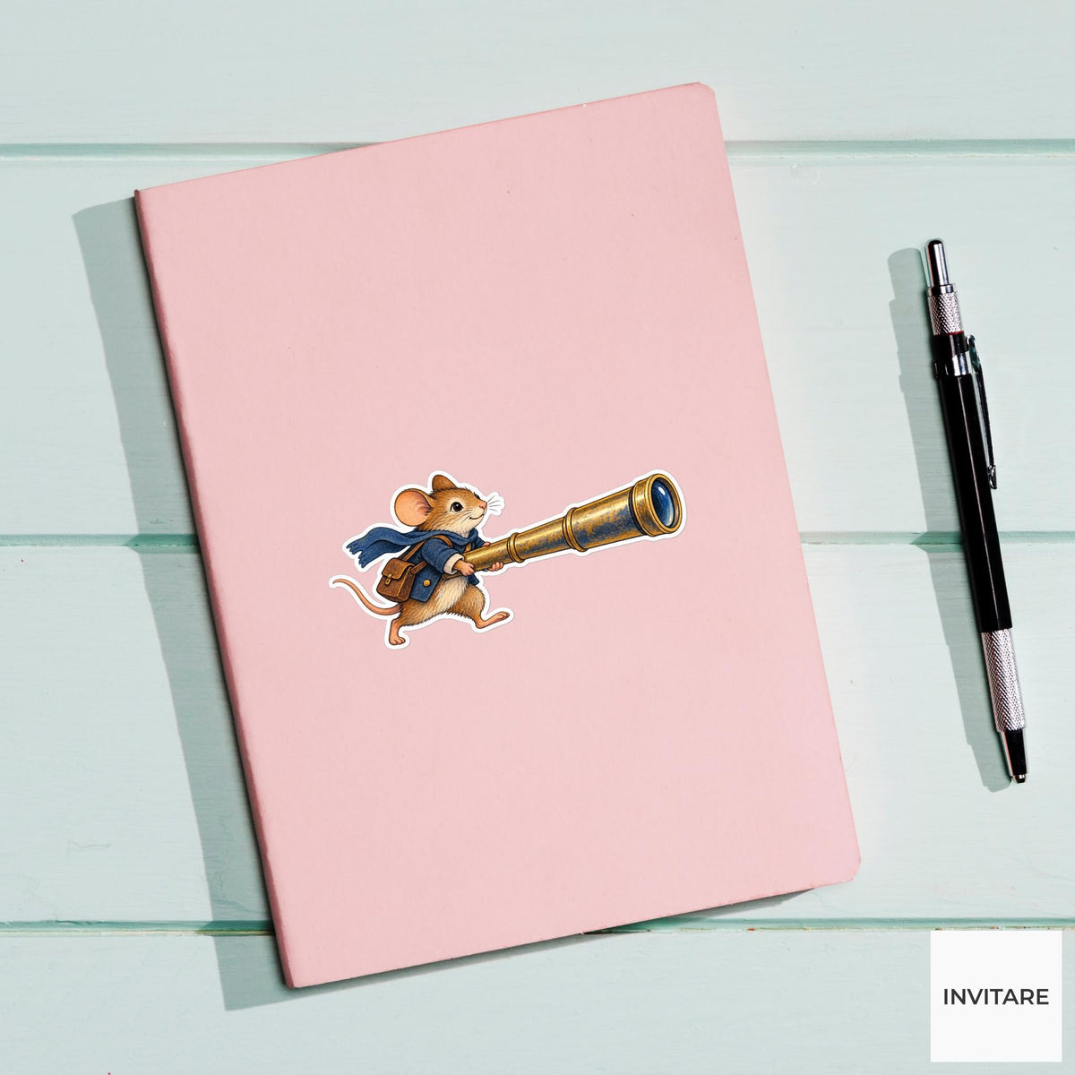 Mouse pulling a sliding brass telescope nearly as long as its whole body Vinyl Sticker
