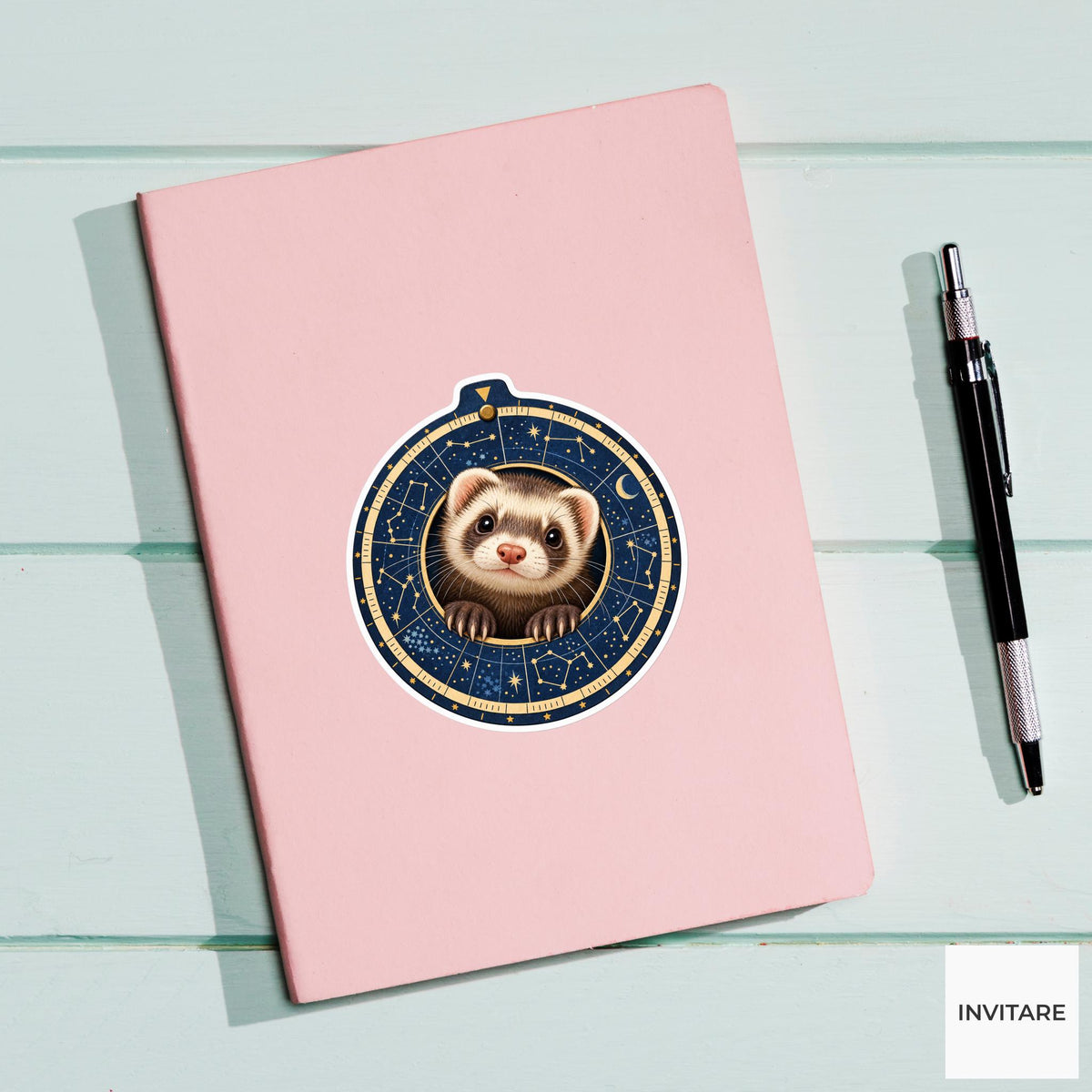 Ferret peeking through a circular hole in a star-map viewing wheel Vinyl Sticker
