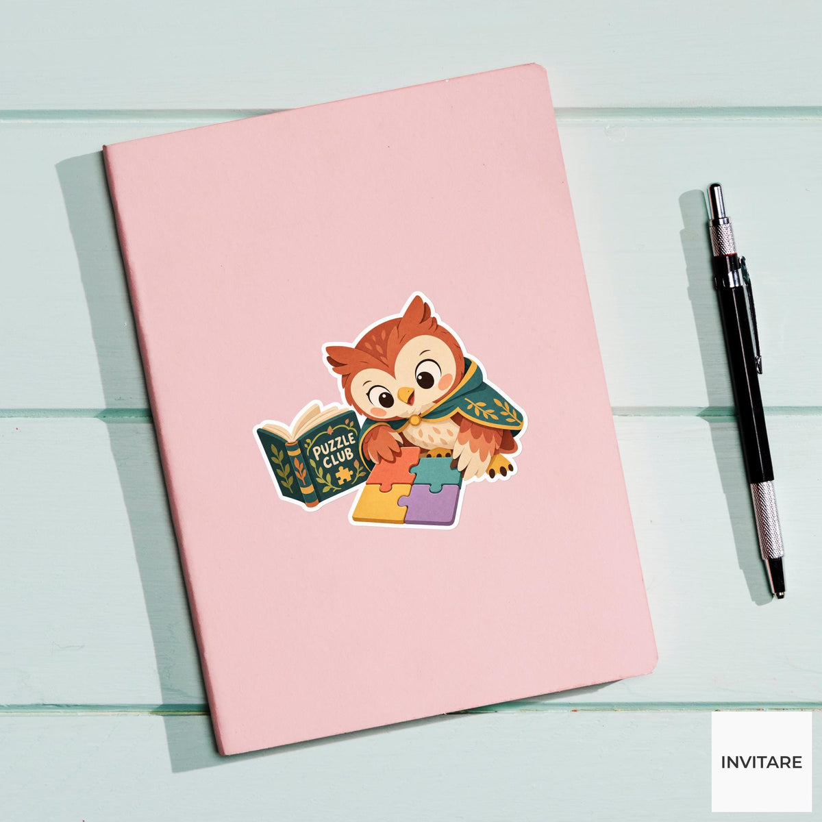 Owl arranging four colorful corner pieces into a tidy square beside an open club book Vinyl Sticker