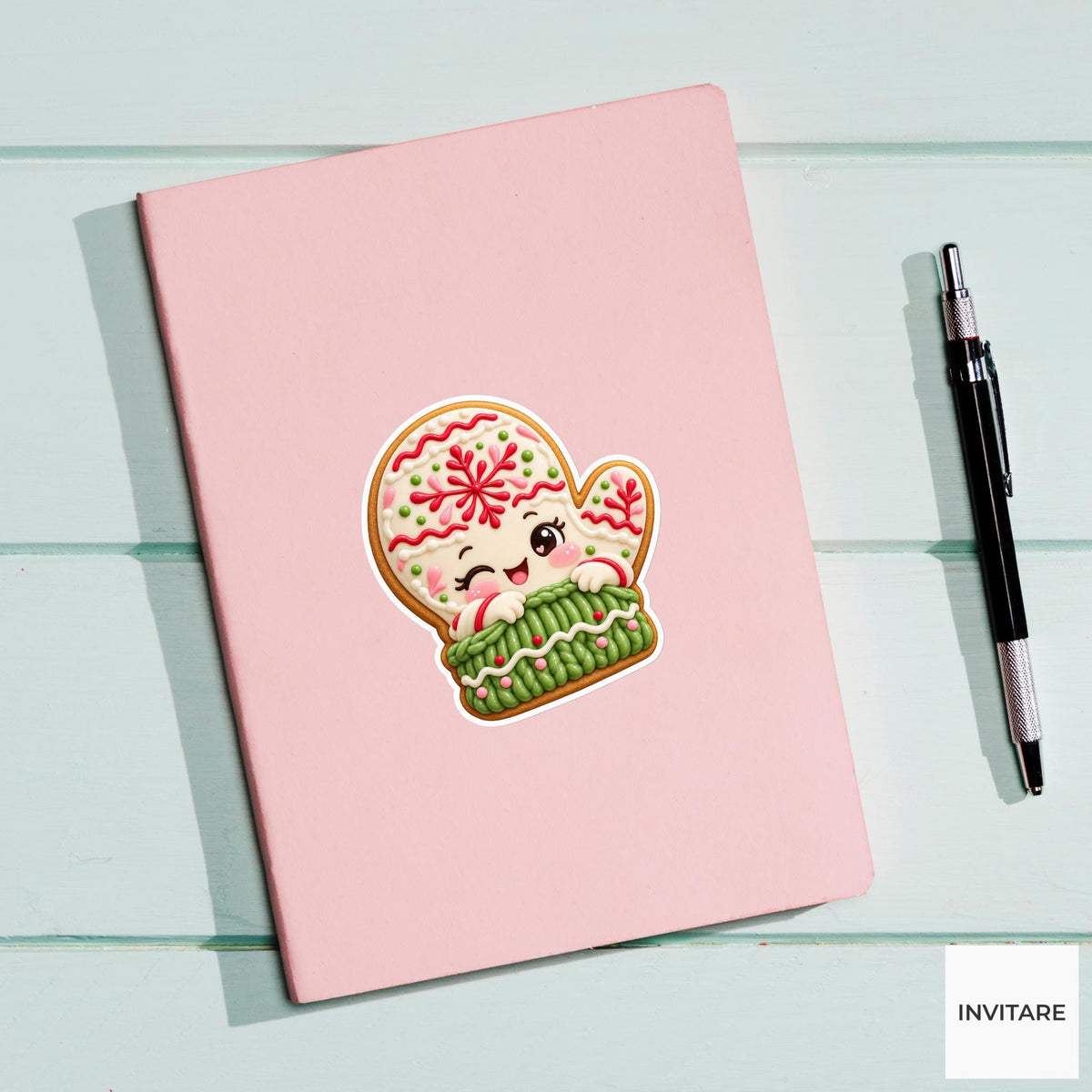 Mitten cookie pulling on a chunky green icing cuff with both tiny hands Vinyl Sticker