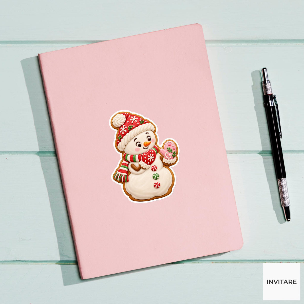 Snowman cookie testing two different frosting mittens and inspecting its hands Vinyl Sticker