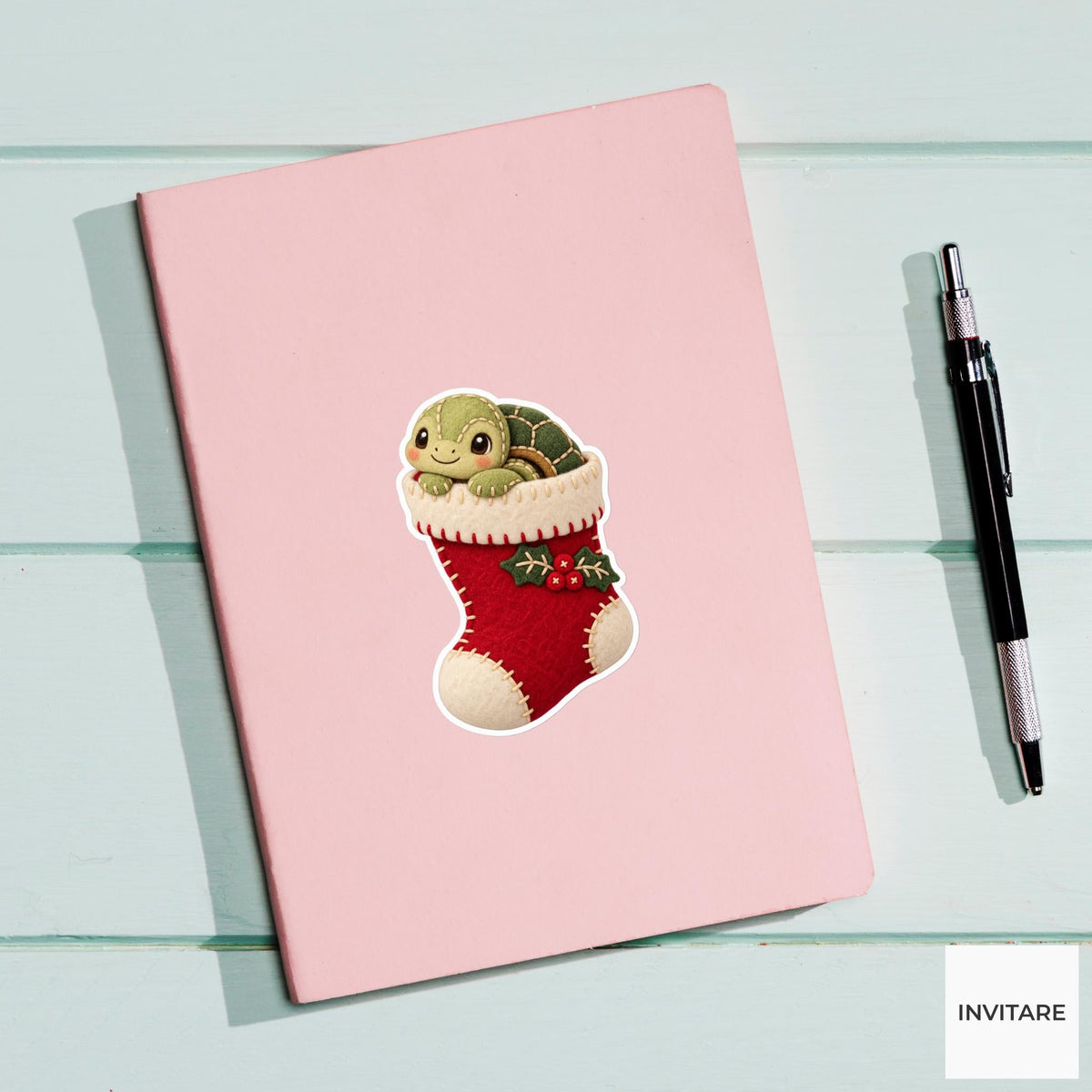 Turtle retreating into a stocking with only its head and felt shell visible above the cuff Vinyl Sticker