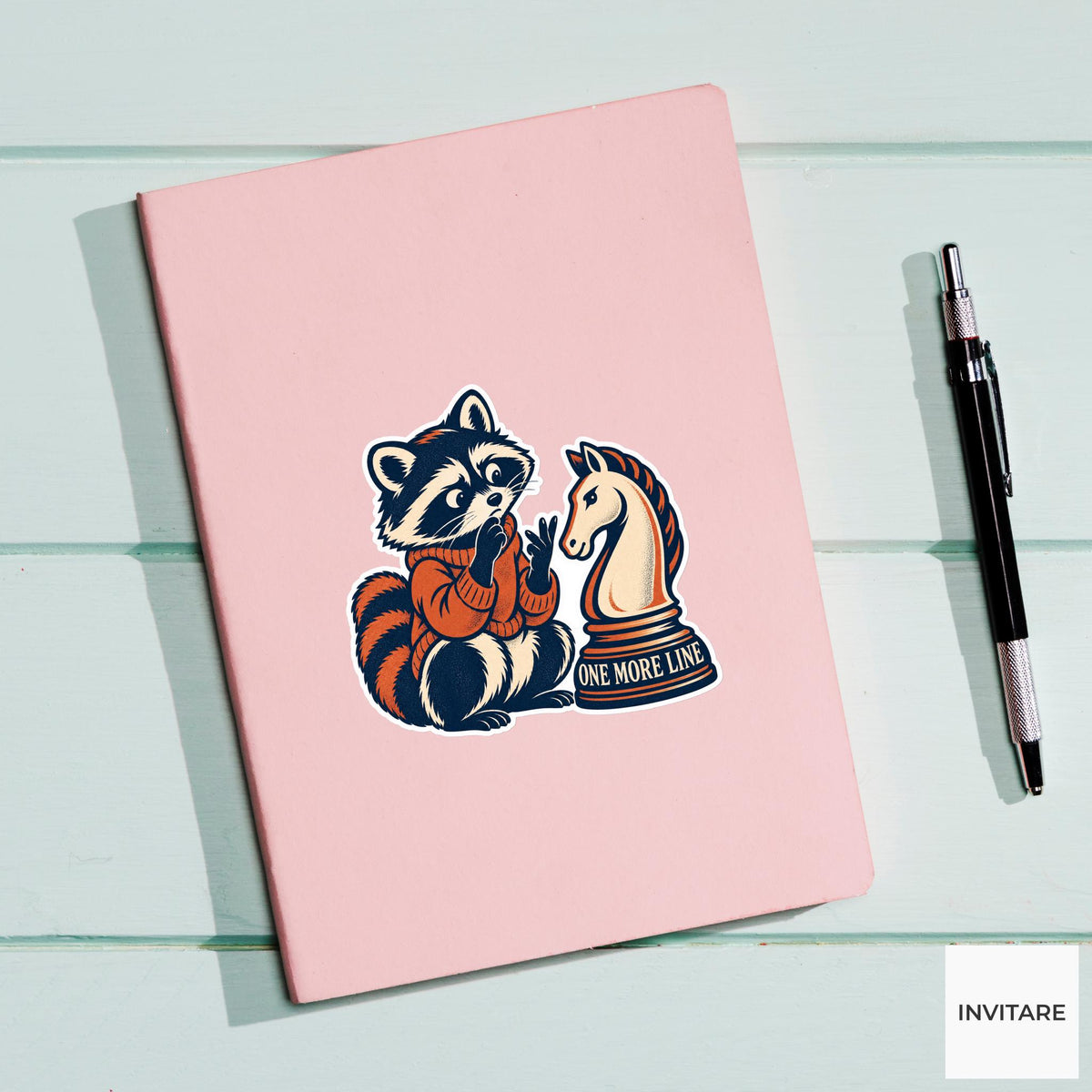 Raccoon Chess Vinyl Sticker, One More Line Cute Animal Illustration