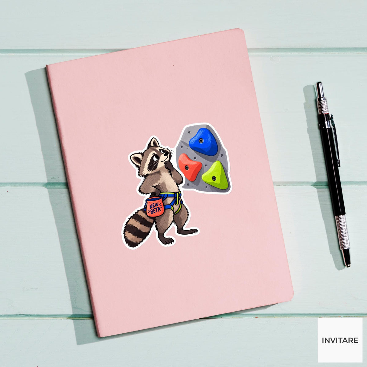 Raccoon Bouldering Vinyl Sticker, New Beta Cute Animal Illustration