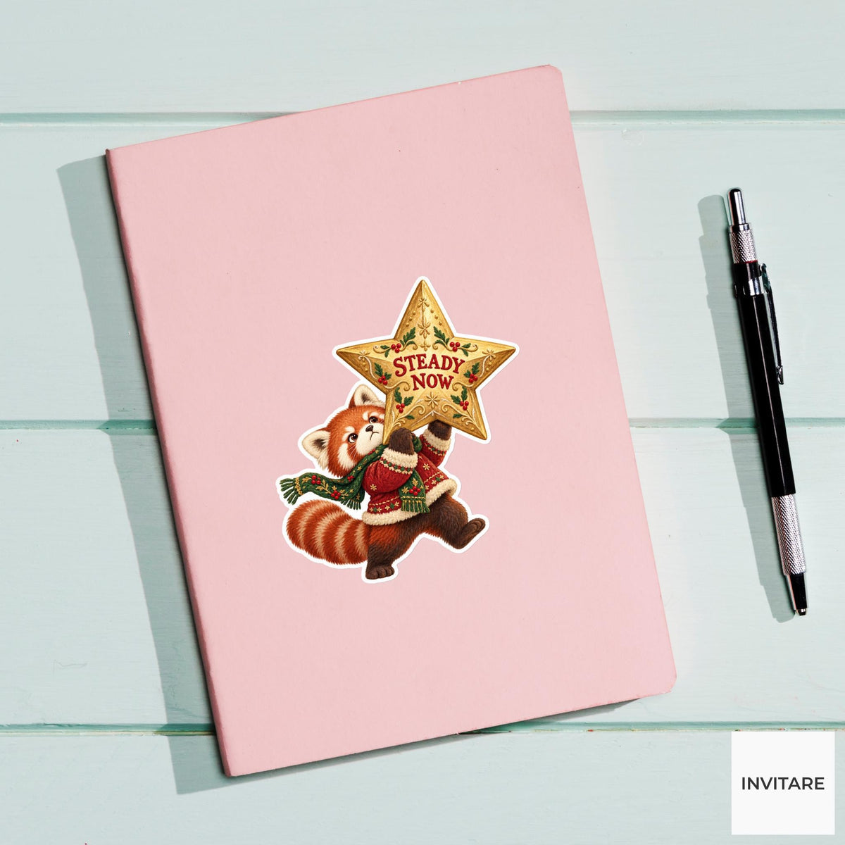 Red panda Christmas Star Vinyl Sticker, Steady Now Cute Animal Illustration