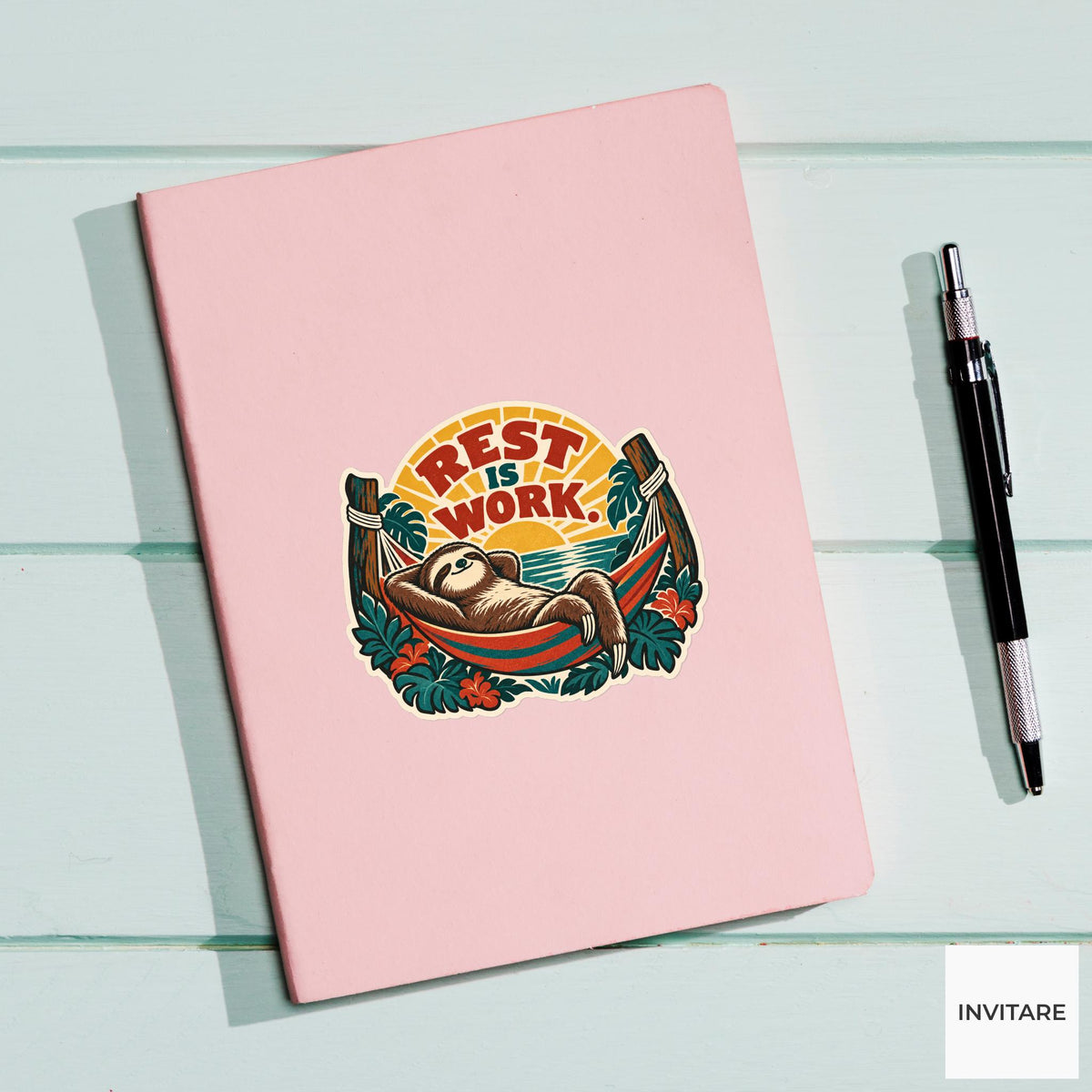 Hammock Sloth Vinyl Sticker, Funny Retro Poster for Journals and Laptops