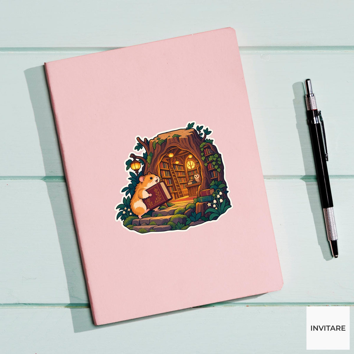 Library Hamster Vinyl Sticker, Animal Adventure for Journals and Laptops