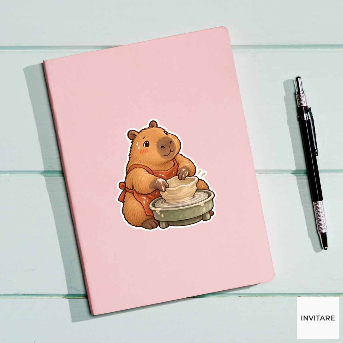 Capybara Pottery Wheel Vinyl Sticker, Cute Animal Making a Wonky Bowl, Ceramic Artist Gift