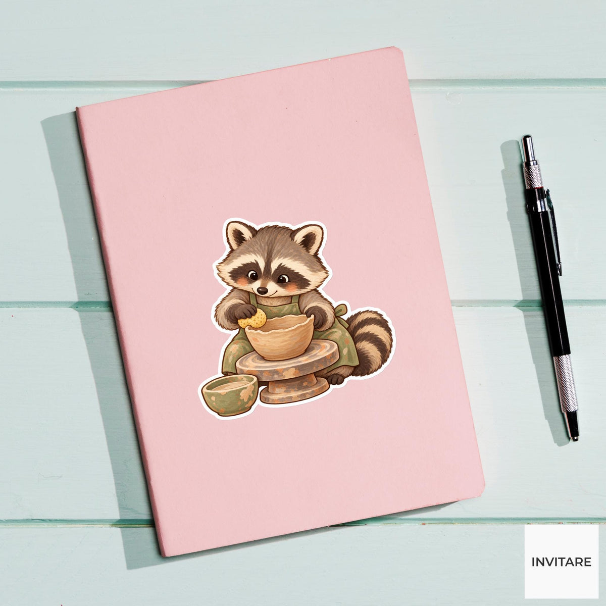Raccoon Smoothing a Bowl with a Sponge Vinyl Sticker, Pottery Class Animal